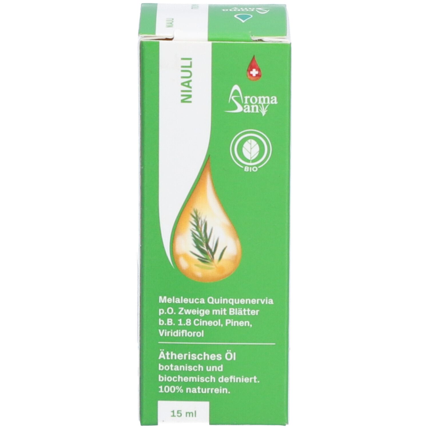 Emballage vert avec informations produit, label BIO et illustration de goutte. Flacon non visible.