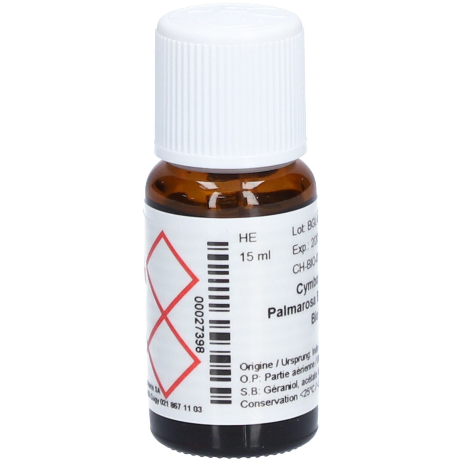 Flacon en verre brun avec bouchon à vis blanc. Étiquette avec informations et symboles de danger. Logo Aromasan.