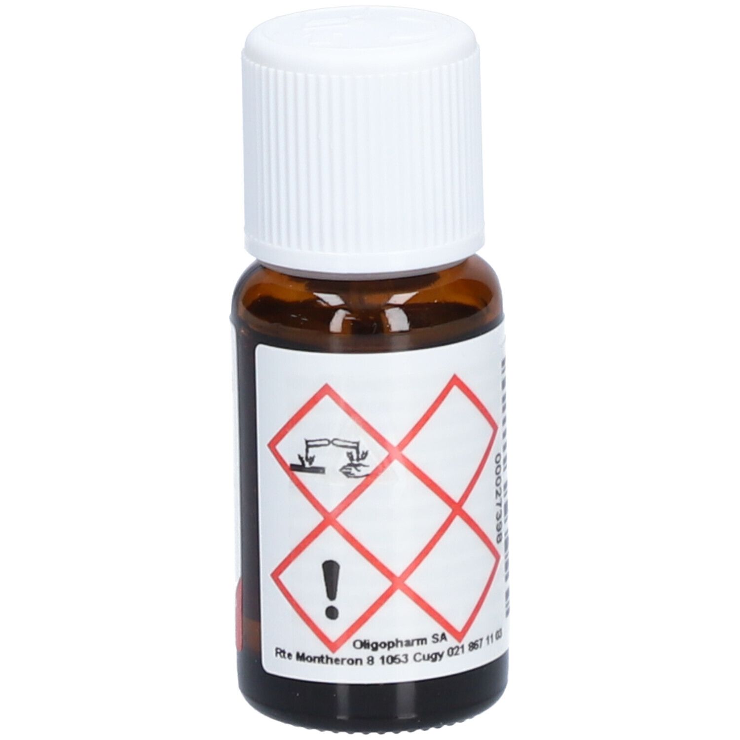 Flacon en verre brun avec bouchon à vis blanc. Étiquette avec symboles de danger. Logo Aromasan.