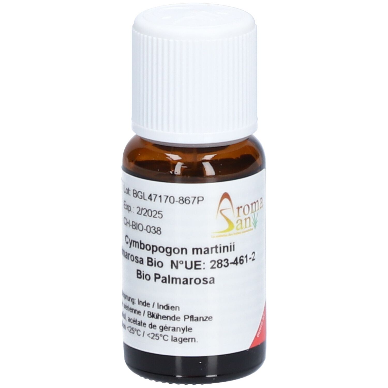 Flacon en verre brun avec bouchon à vis blanc. Étiquette avec informations sur le produit. Logo Aromasan.