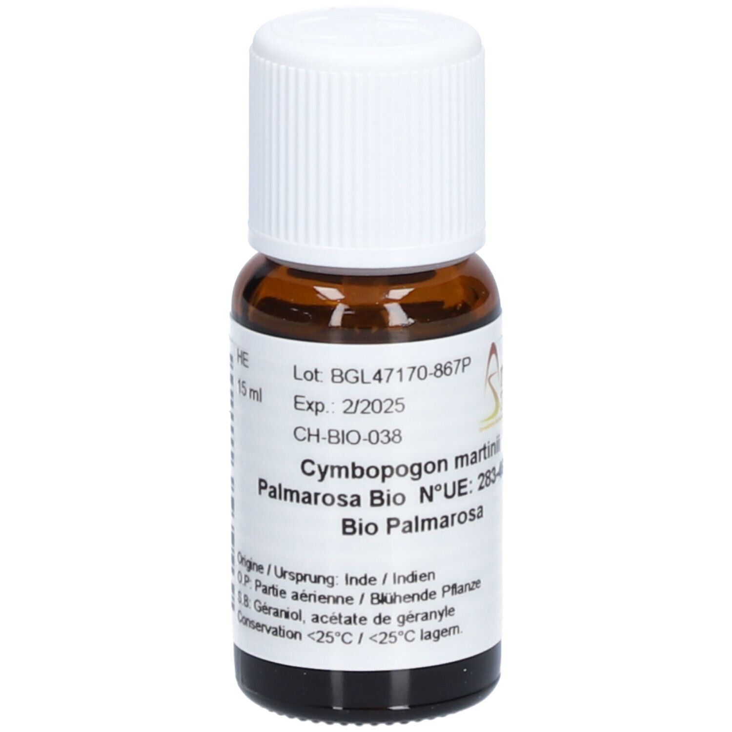 Flacon en verre brun avec bouchon à vis blanc. Étiquette avec informations sur le produit. Logo Aromasan.