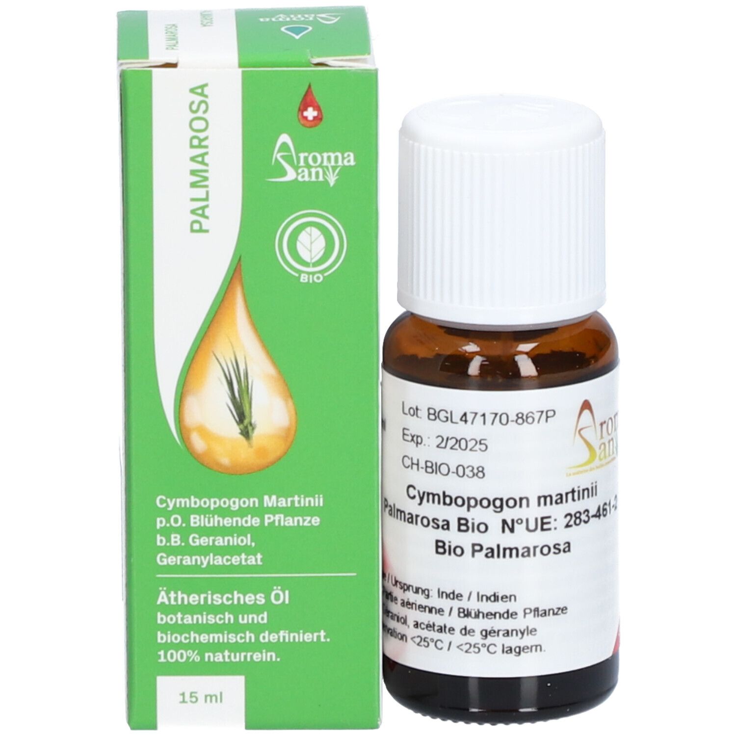 Flacon en verre brun avec bouchon à vis blanc et emballage vert. Étiquette avec informations. Logo Aromasan.