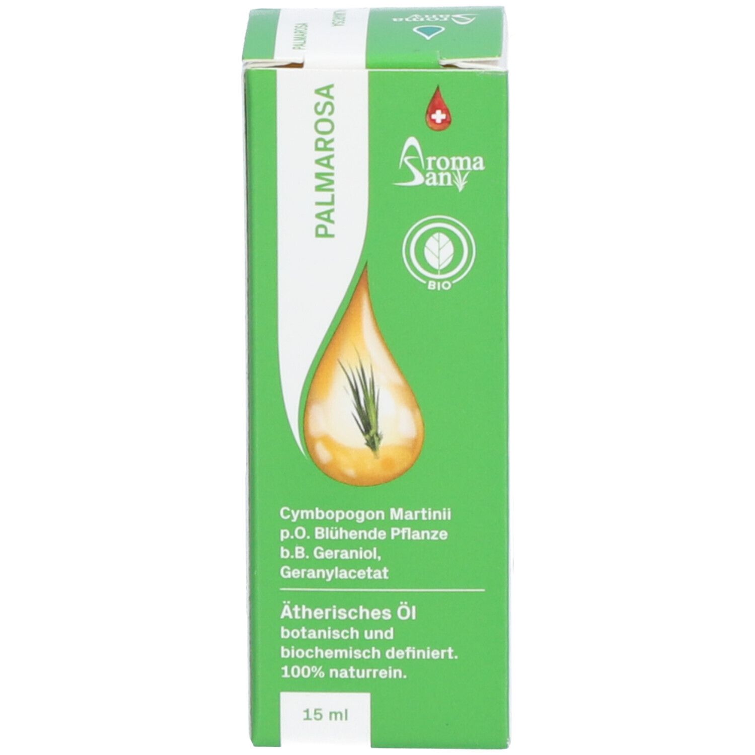 Emballage vert avec informations sur le produit et logo Aromasan. Illustration de goutte avec plantes.