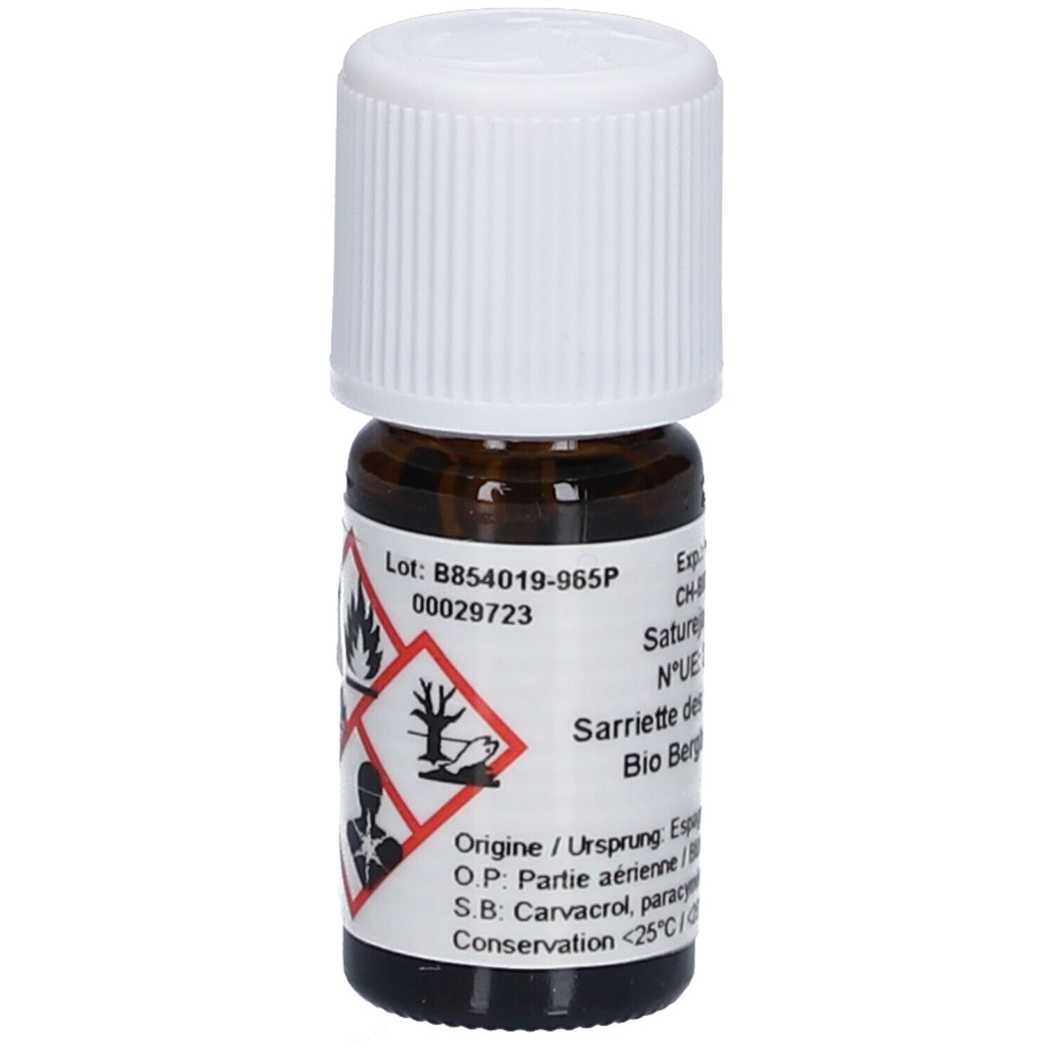 Flacon en verre brun avec bouchon blanc. Étiquette avec symboles de danger et texte. Informations produit multilingues.