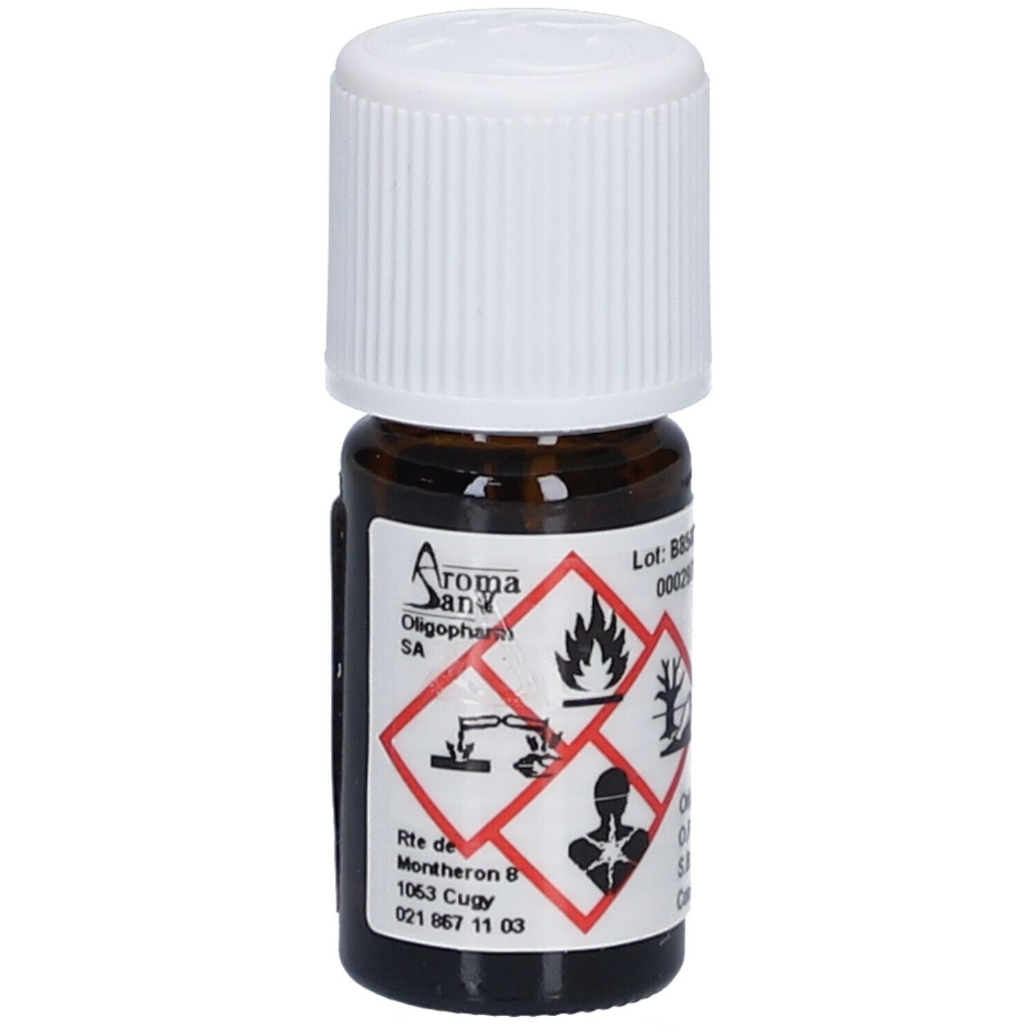 Flacon en verre brun avec bouchon blanc. Étiquette avec symboles de danger et texte. Nom du produit: Aromasan. Adresse du fabricant.