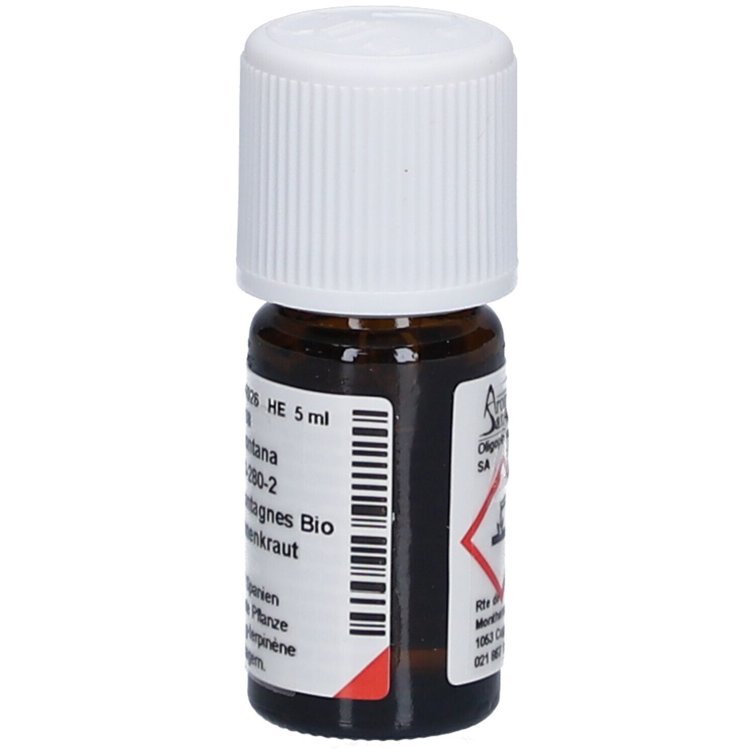 Flacon en verre brun avec bouchon blanc. Étiquette avec texte et code-barres. Nom du produit: Bergbohnenkraut. Volume: 5 ml.