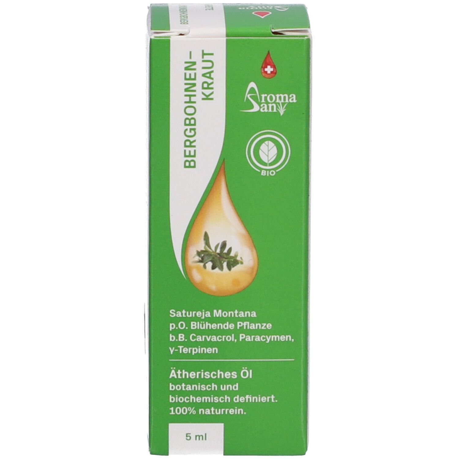 Emballage vert avec nom du produit: Bergbohnenkraut. Logo: Bio. Illustration en forme de goutte. Volume: 5 ml.