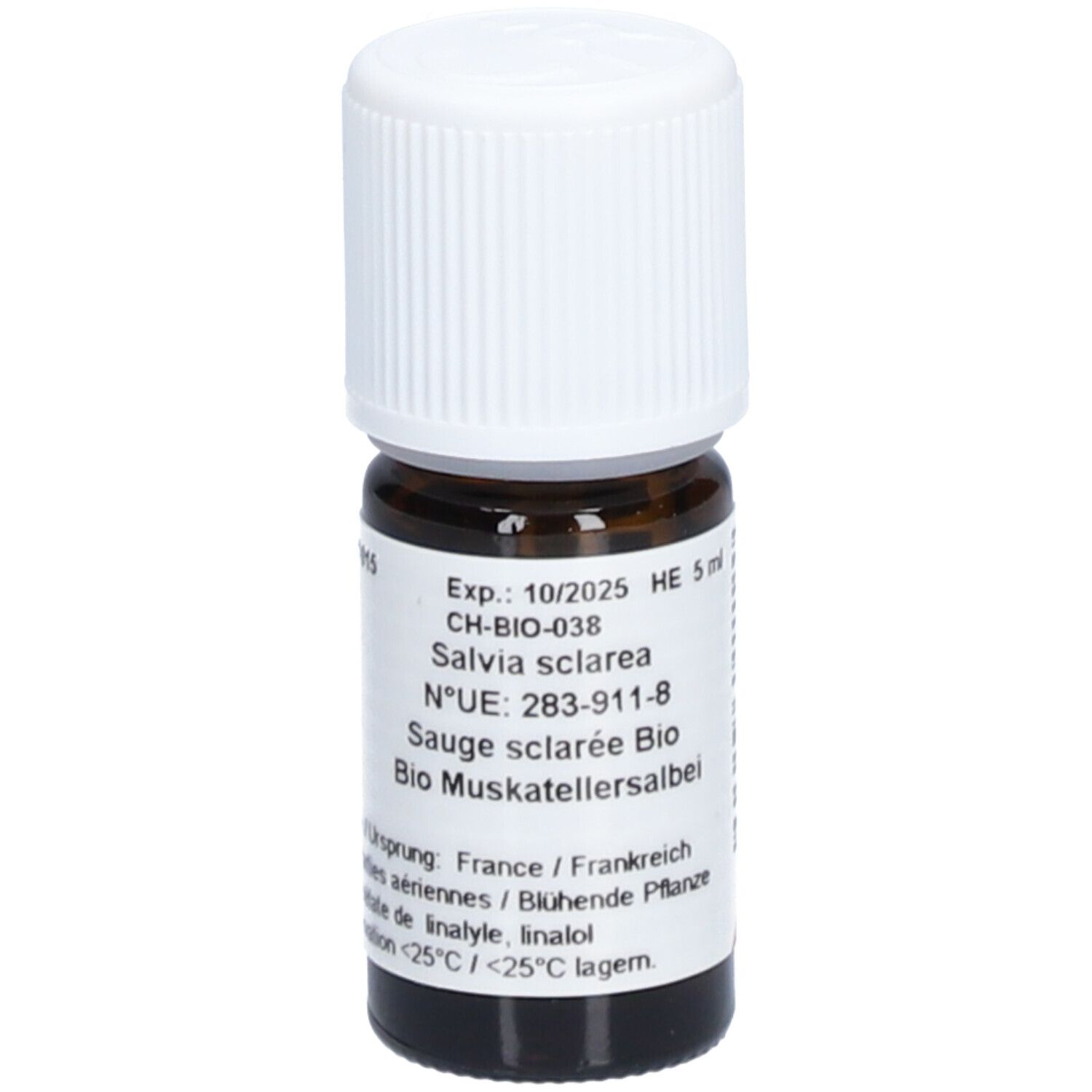 Flacon en verre brun avec bouchon blanc. Étiquette avec texte: Salvia sclarea, Sauge sclarée Bio. Expiration 10/2025.