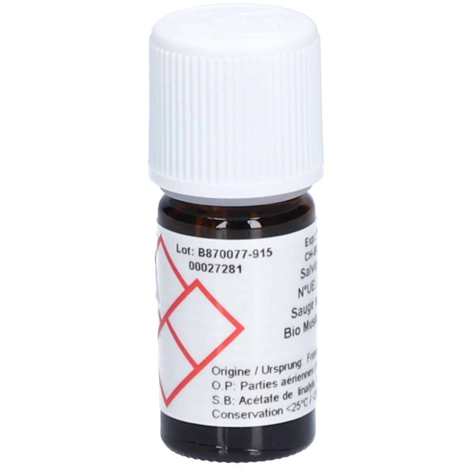 Flacon en verre brun avec bouchon blanc. Étiquette avec symboles de danger. Texte: Salvia sclarea, Sauge sclarée Bio. Origine France.