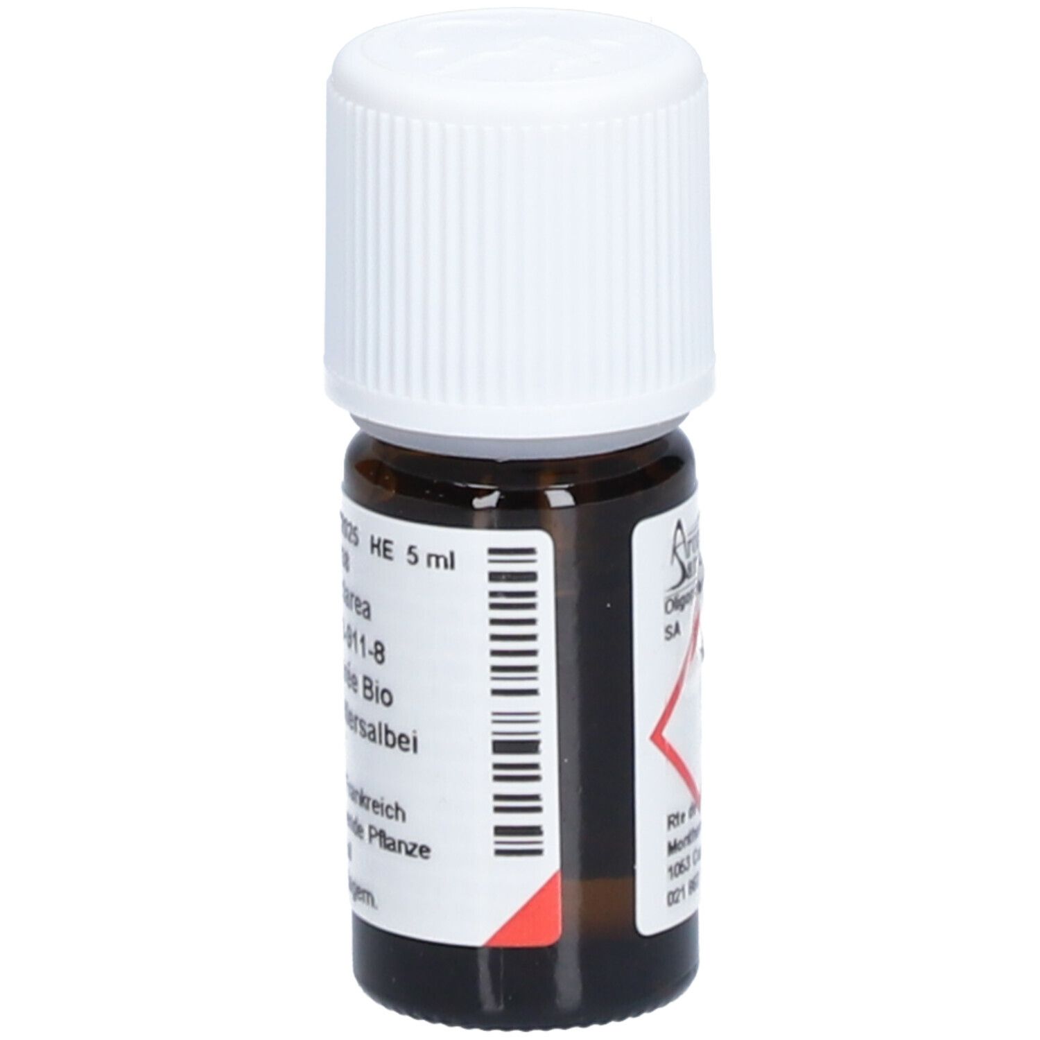 Flacon en verre brun avec bouchon blanc. Étiquette avec code-barres et texte: Salvia sclarea, Sauge sclarée Bio. Adresse.