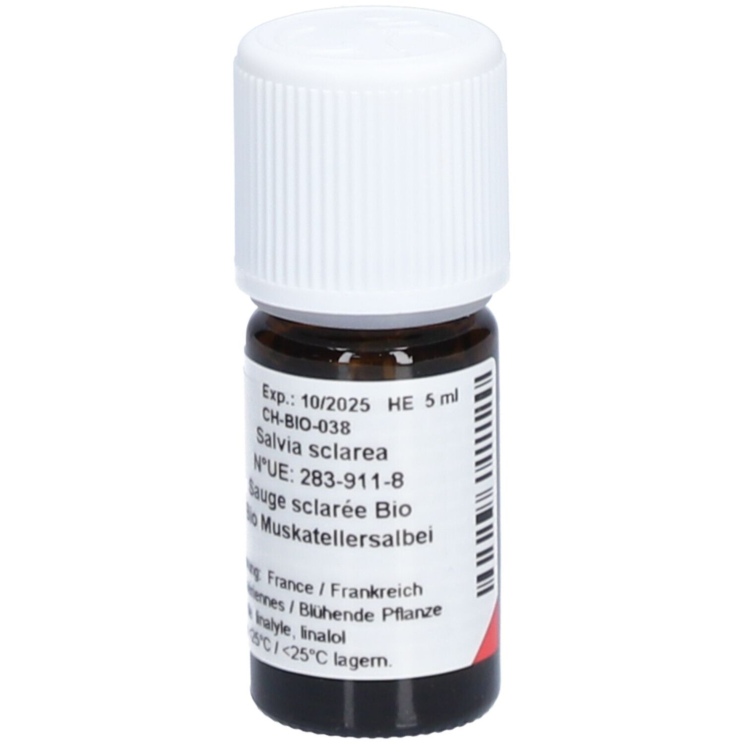 Flacon en verre brun avec bouchon blanc. Étiquette avec texte: Salvia sclarea, Sauge sclarée Bio. Expiration 10/2025.
