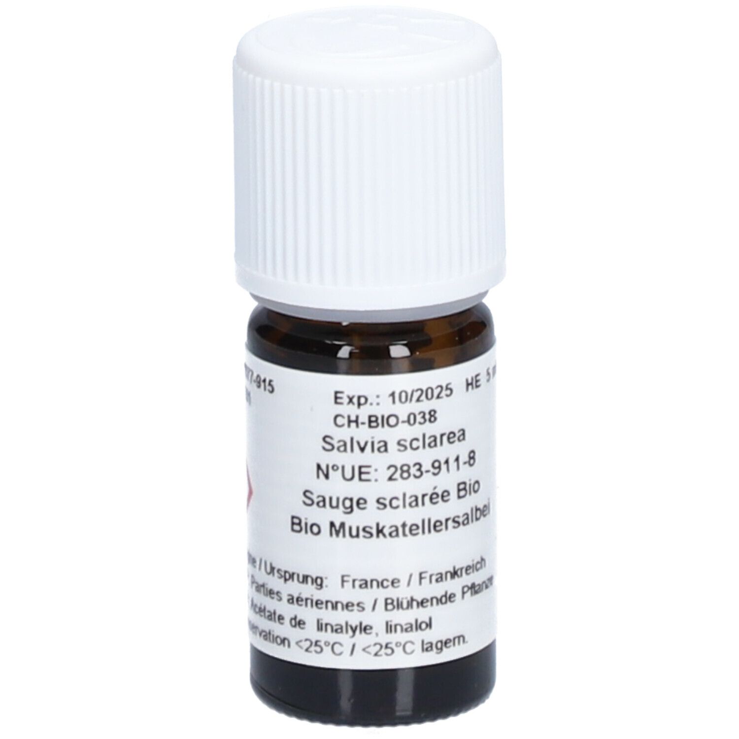 Flacon en verre brun avec bouchon blanc. Étiquette avec texte: Salvia sclarea, Sauge sclarée Bio. Expiration 10/2025.