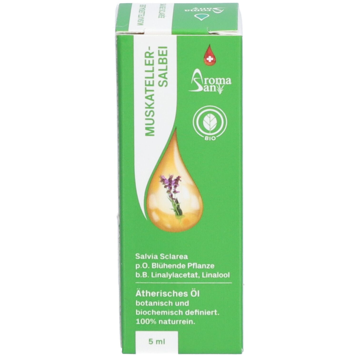 Emballage vert du produit avec logo et illustration de goutte. Texte: Huile essentielle, 100% naturelle. Flacon non visible.