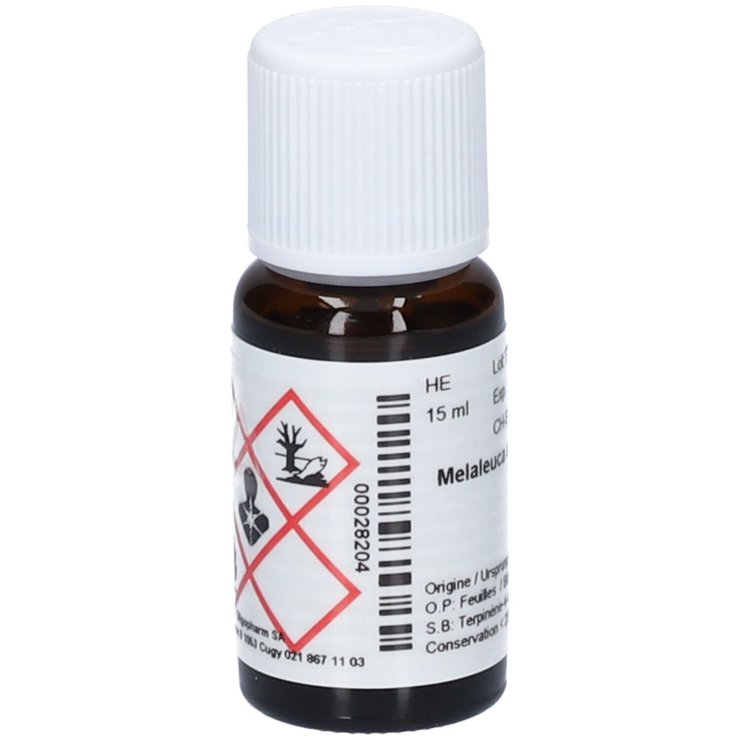 Flacon en verre brun avec bouchon blanc. Étiquette avec symboles de danger. Texte: Melaleuca. 15 ml.