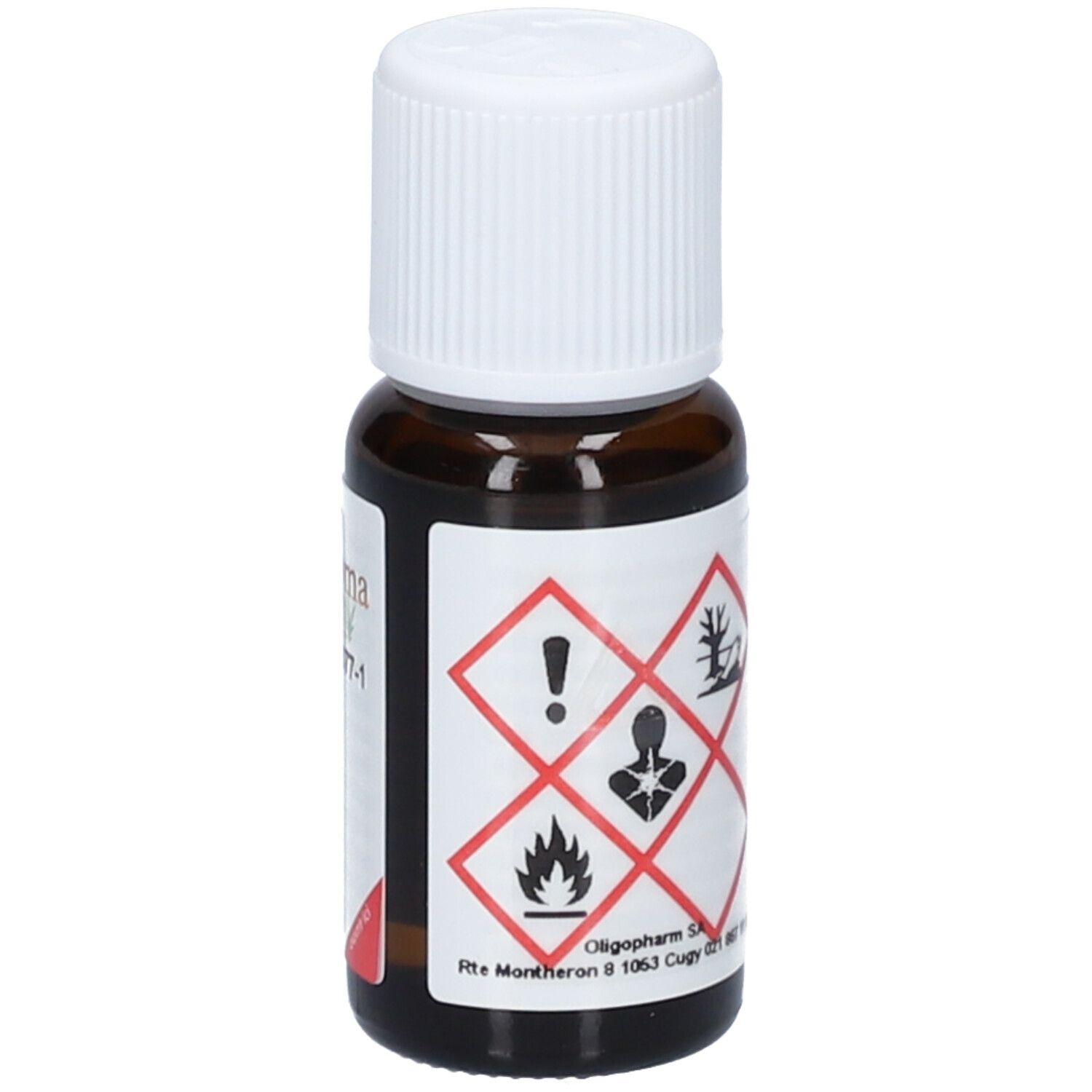 Flacon en verre brun avec bouchon blanc. Étiquette avec symboles de danger. Texte: Melaleuca. 15 ml.