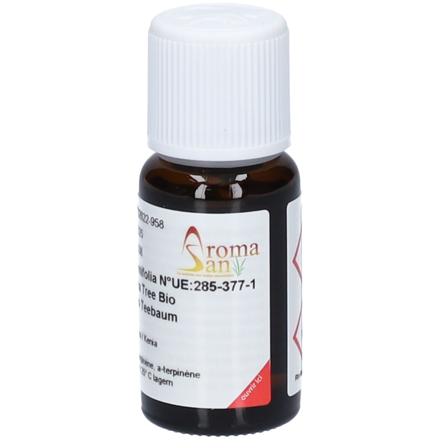 Flacon en verre brun avec bouchon blanc. Étiquette avec logo et texte: Aromasan, Melaleuca alternifolia, Tea Tree Bio. 15 ml.