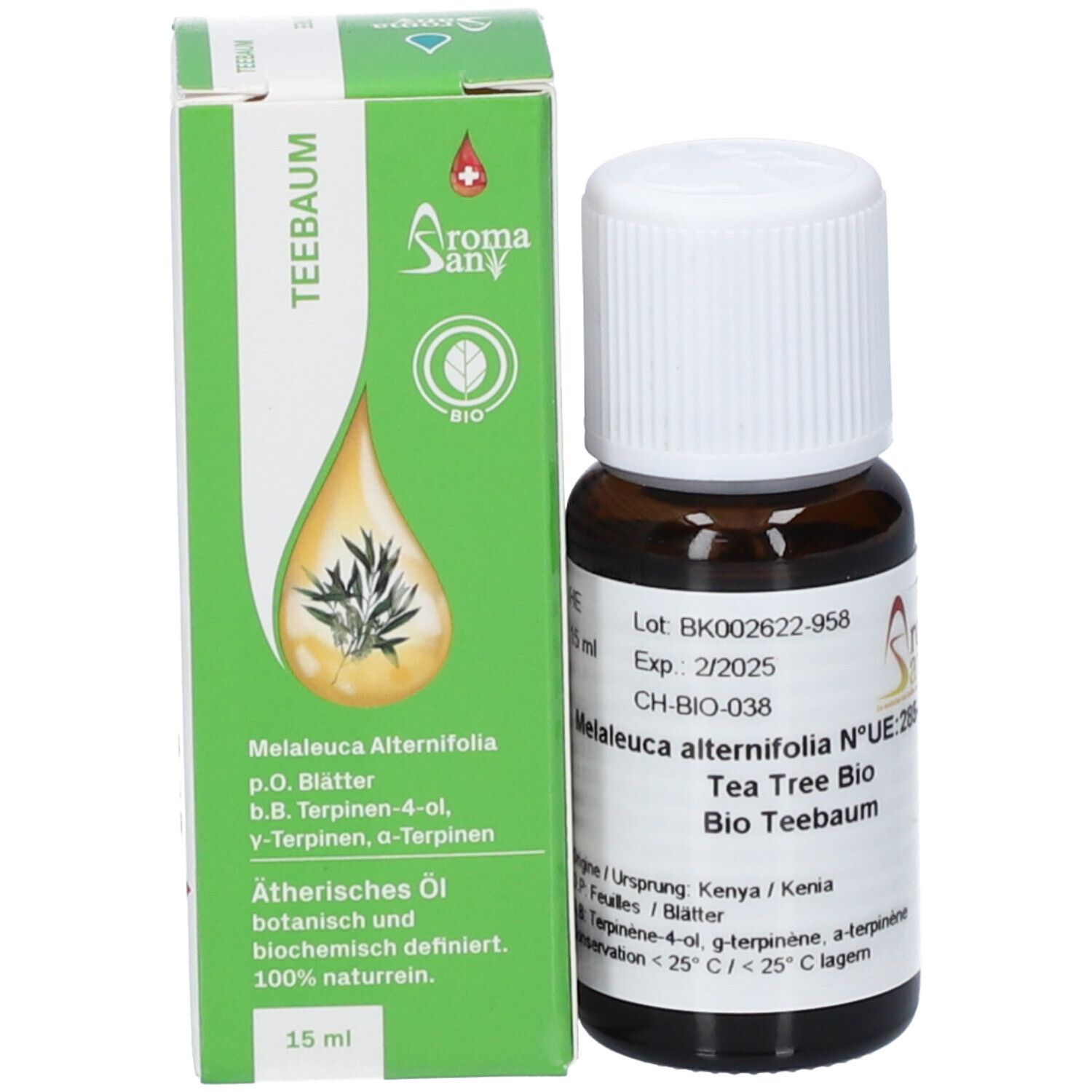 Flacon en verre brun avec bouchon blanc et emballage vert. Étiquette avec texte: Aromasan, Tea Tree Bio. 15 ml.