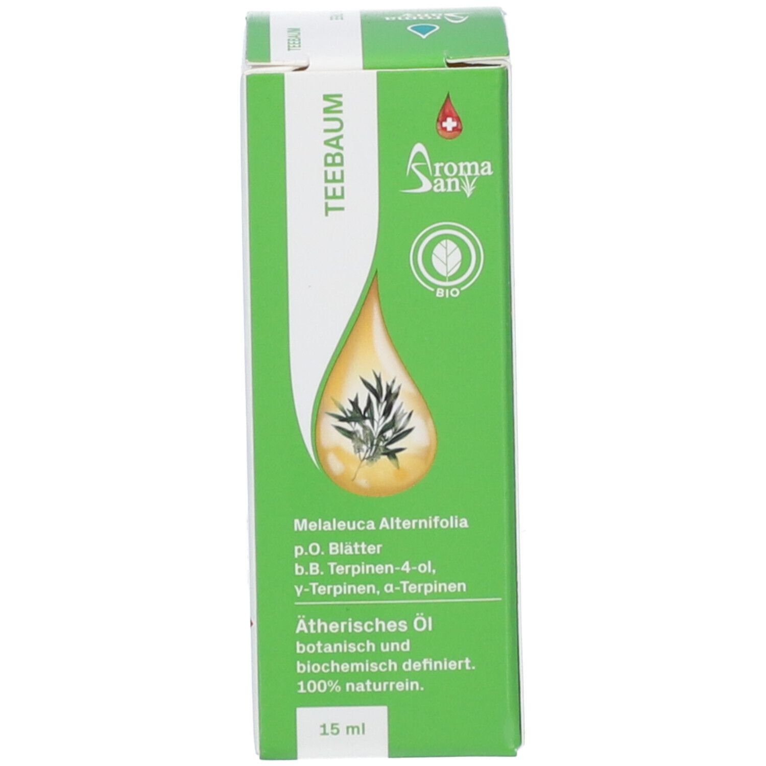 Emballage vert avec texte: Aromasan, Tea Tree. Illustration de goutte. 15 ml.