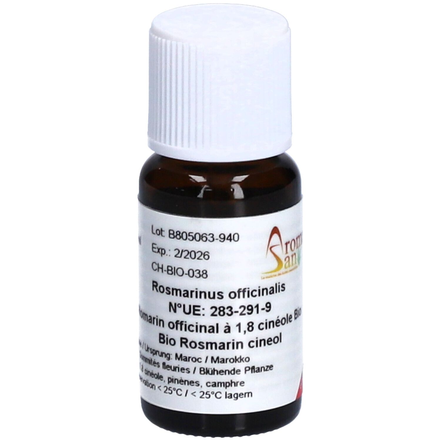Flacon en verre brun avec bouchon blanc. Étiquette avec informations produit et logo Aromasan.