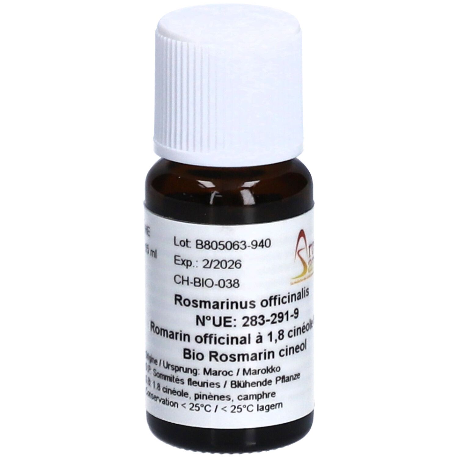 Flacon en verre brun avec bouchon blanc. Étiquette avec informations produit et logo Aromasan.