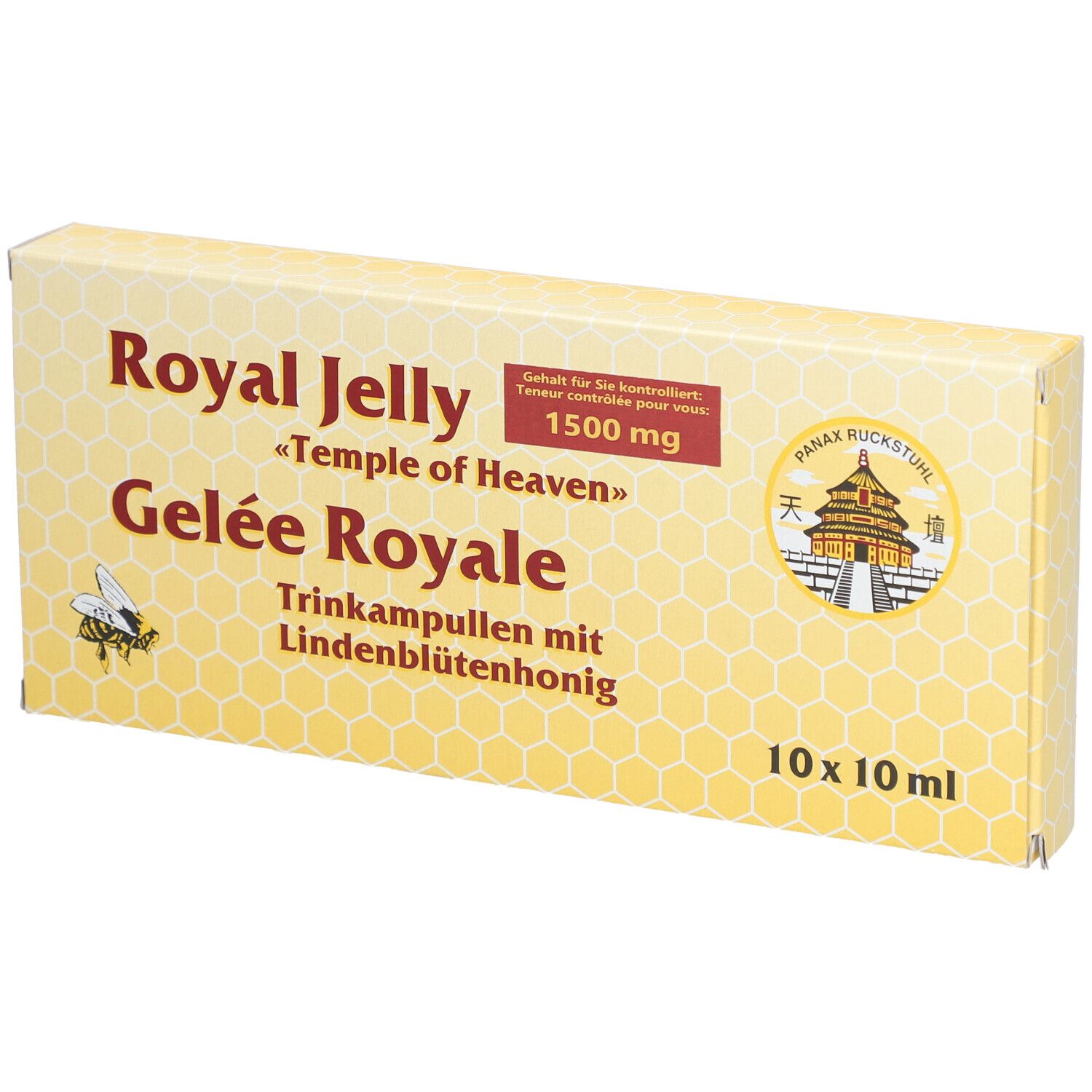 Boîte jaune avec Royal Jelly, Gelée Royale, 1500 mg. 10x10 ml ampoules. Logo abeille et temple.