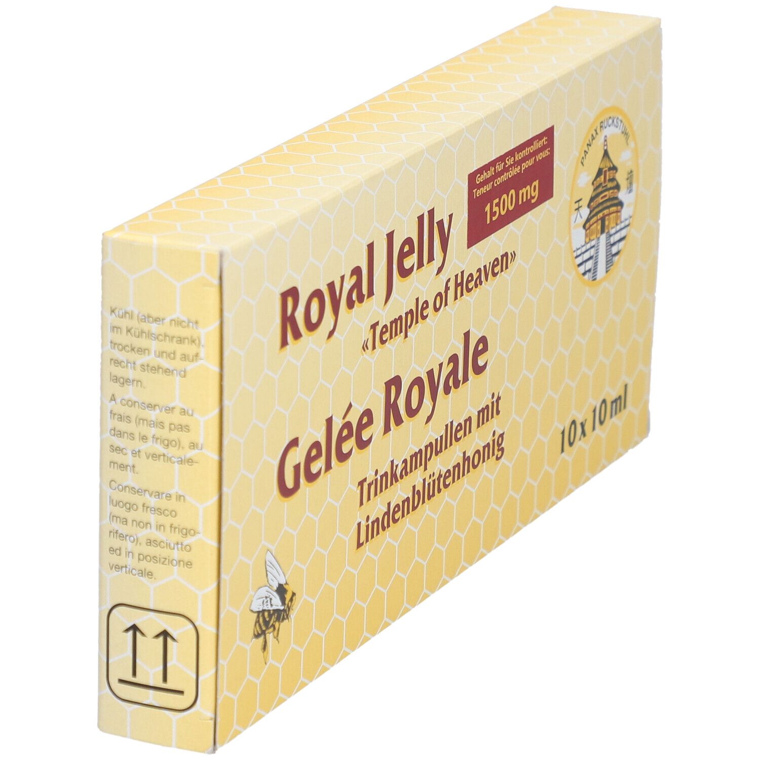 Boîte jaune, Royal Jelly, Gelée Royale, 1500 mg. 10x10 ml ampoules. Logo abeille et temple. Vue en biais.