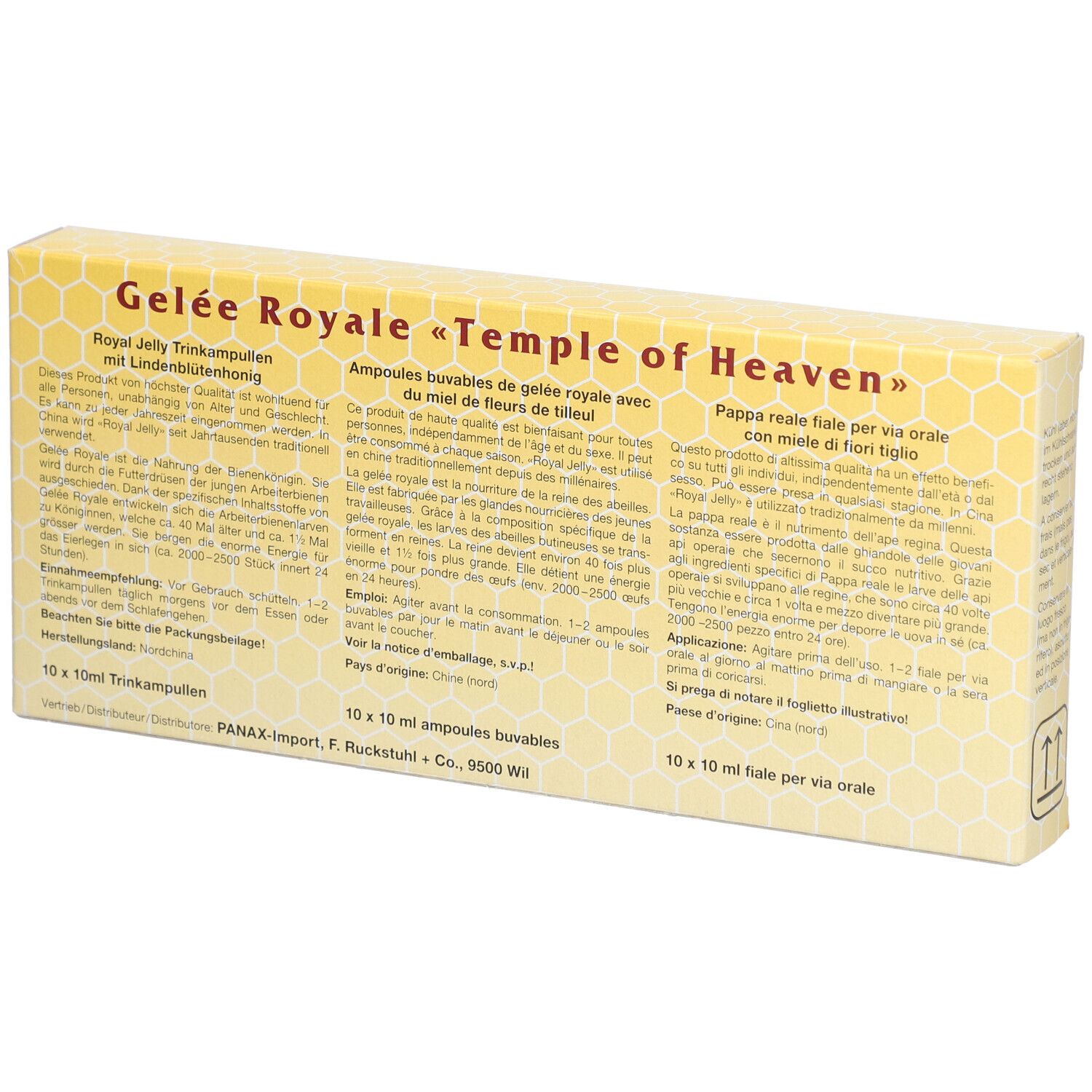 Dos de la boîte jaune avec texte. Royal Jelly, Gelée Royale, 10x10 ml ampoules. Texte en allemand, français et italien.