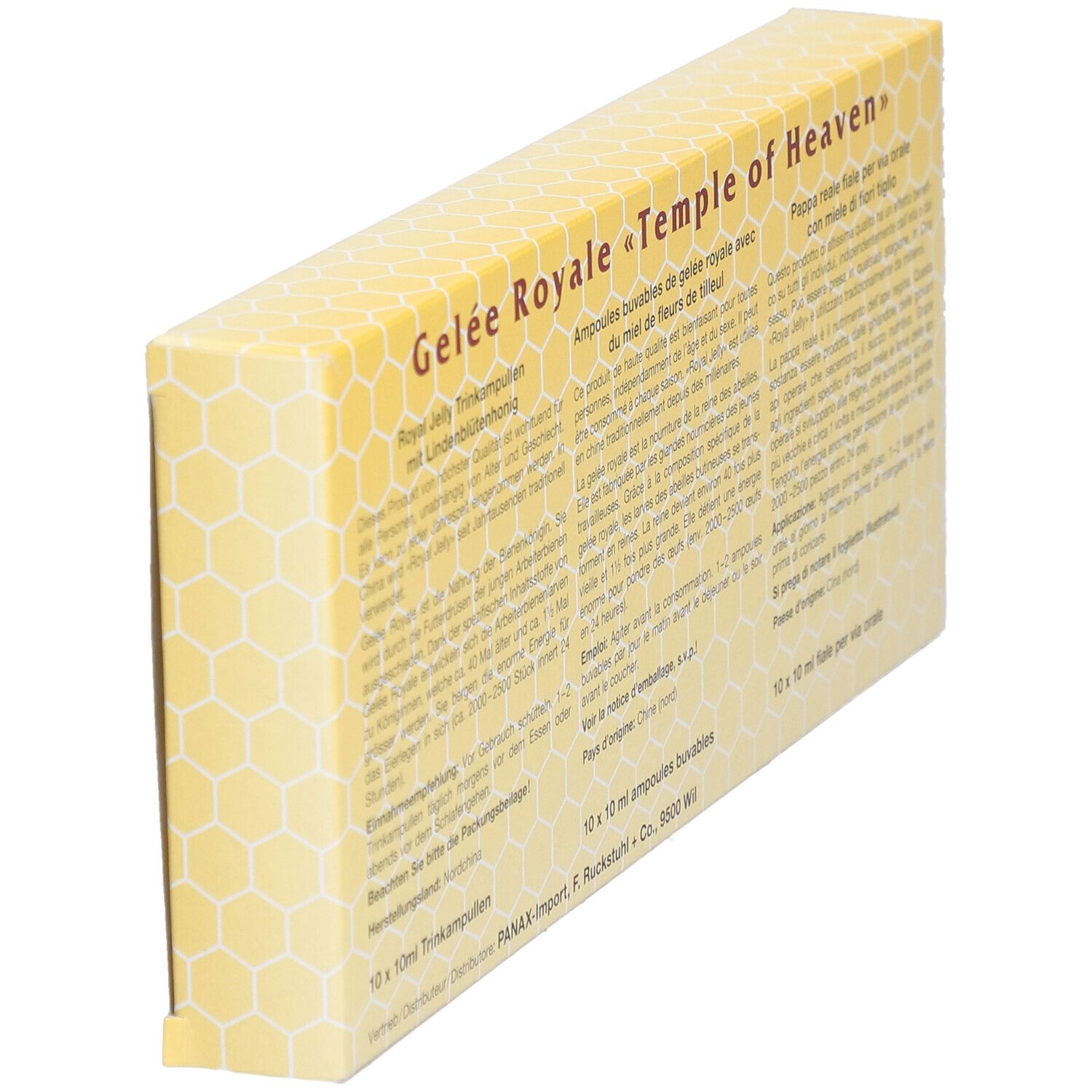 Vue oblique du dos de la boîte jaune avec texte. Royal Jelly, Gelée Royale, 10x10 ml ampoules. Texte.