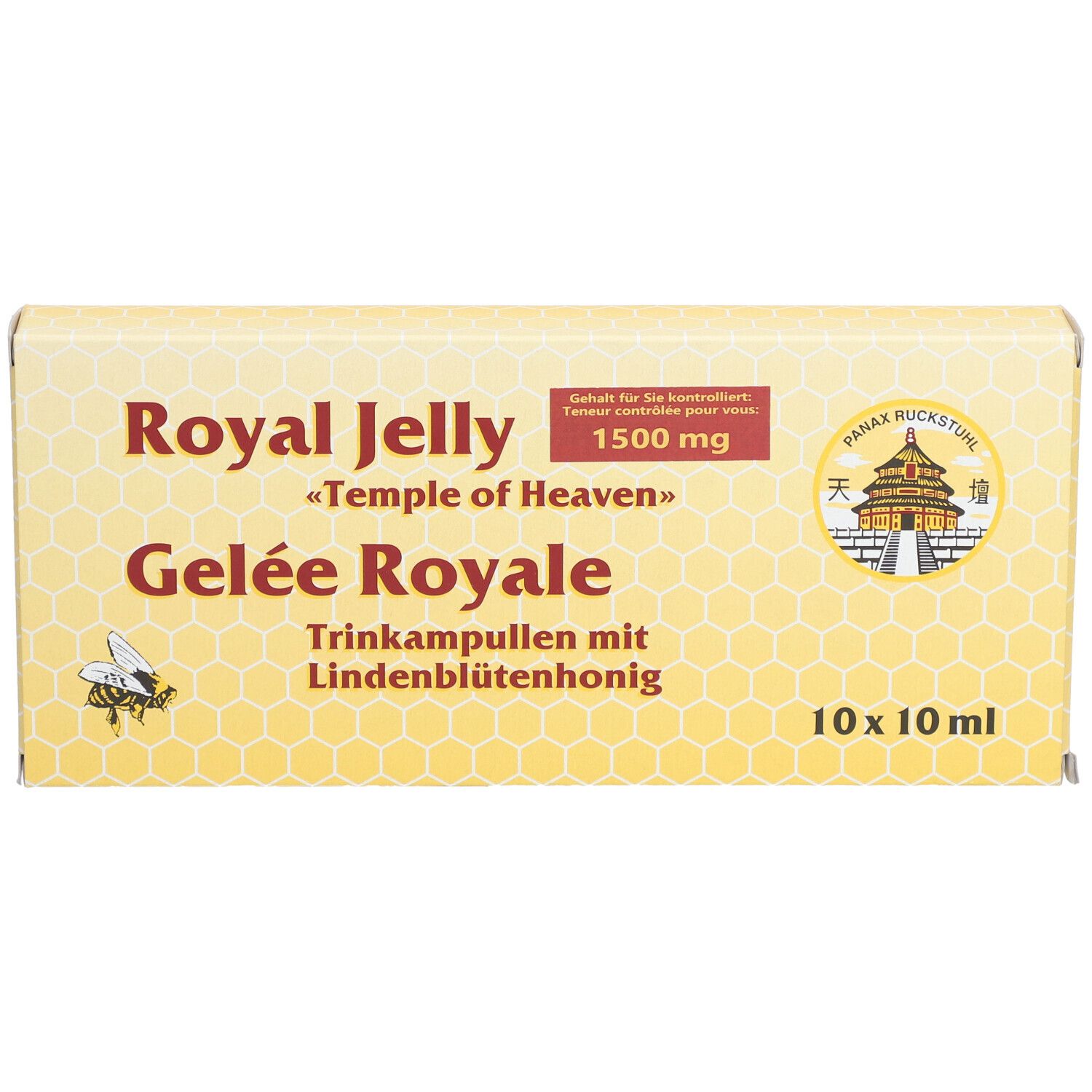 Boîte jaune avec Royal Jelly, Gelée Royale, 1500 mg. 10x10 ml ampoules. Logo abeille et temple.