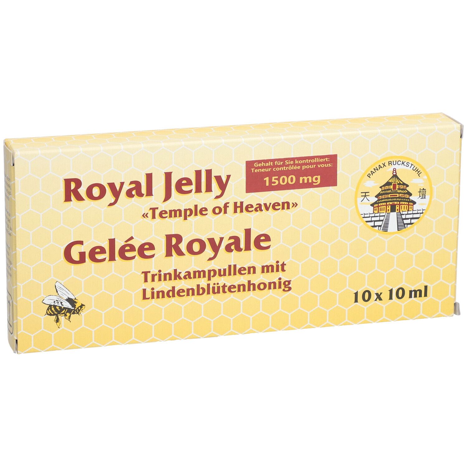 Boîte jaune avec Royal Jelly, Gelée Royale, 1500 mg. 10x10 ml ampoules. Logo abeille et temple.