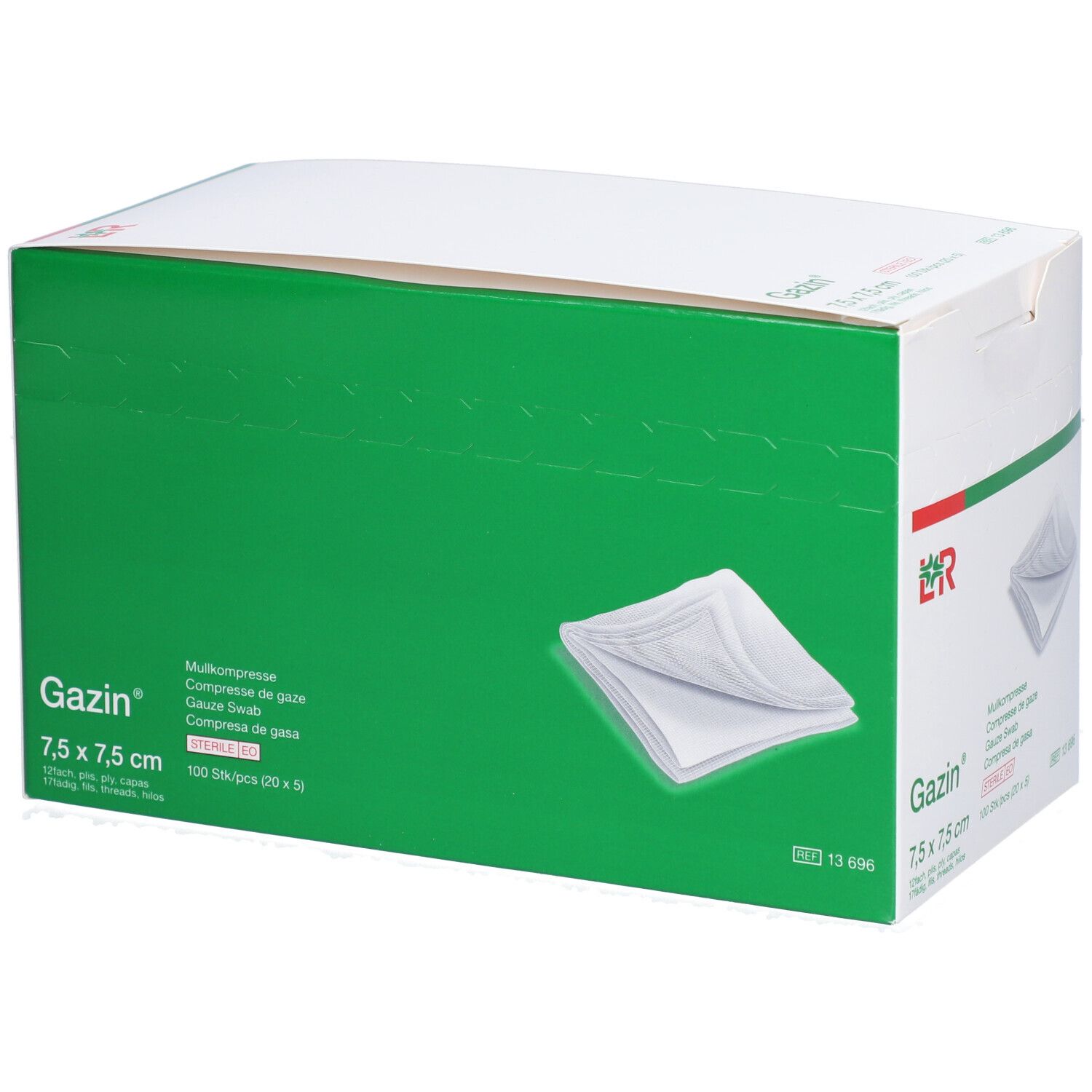 Boîte de compresses de gaze. Inscription: Gazin 7,5 x 7,5 cm, 100 pièces. Emballage vert.