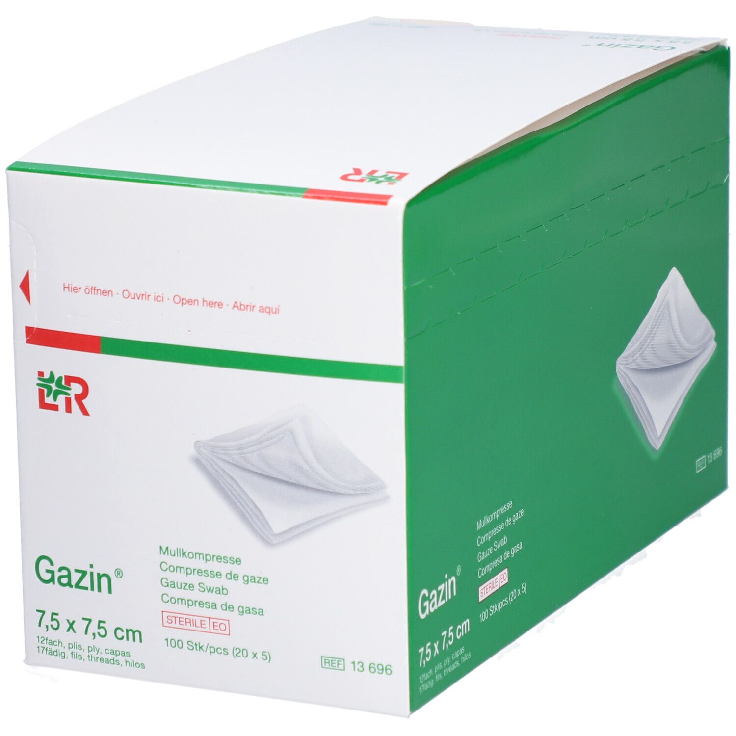 Boîte de compresses de gaze. Inscription: Gazin 7,5 x 7,5 cm, 100 pièces. Emballage vert.