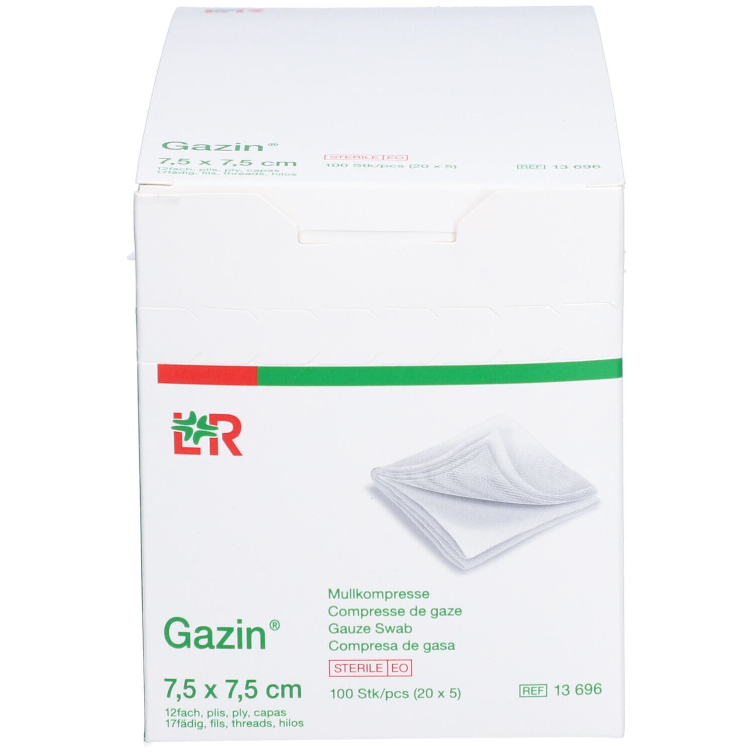 Boîte de compresses de gaze. Inscription: Gazin 7,5 x 7,5 cm, 100 pièces. Compresses et emballage visibles.