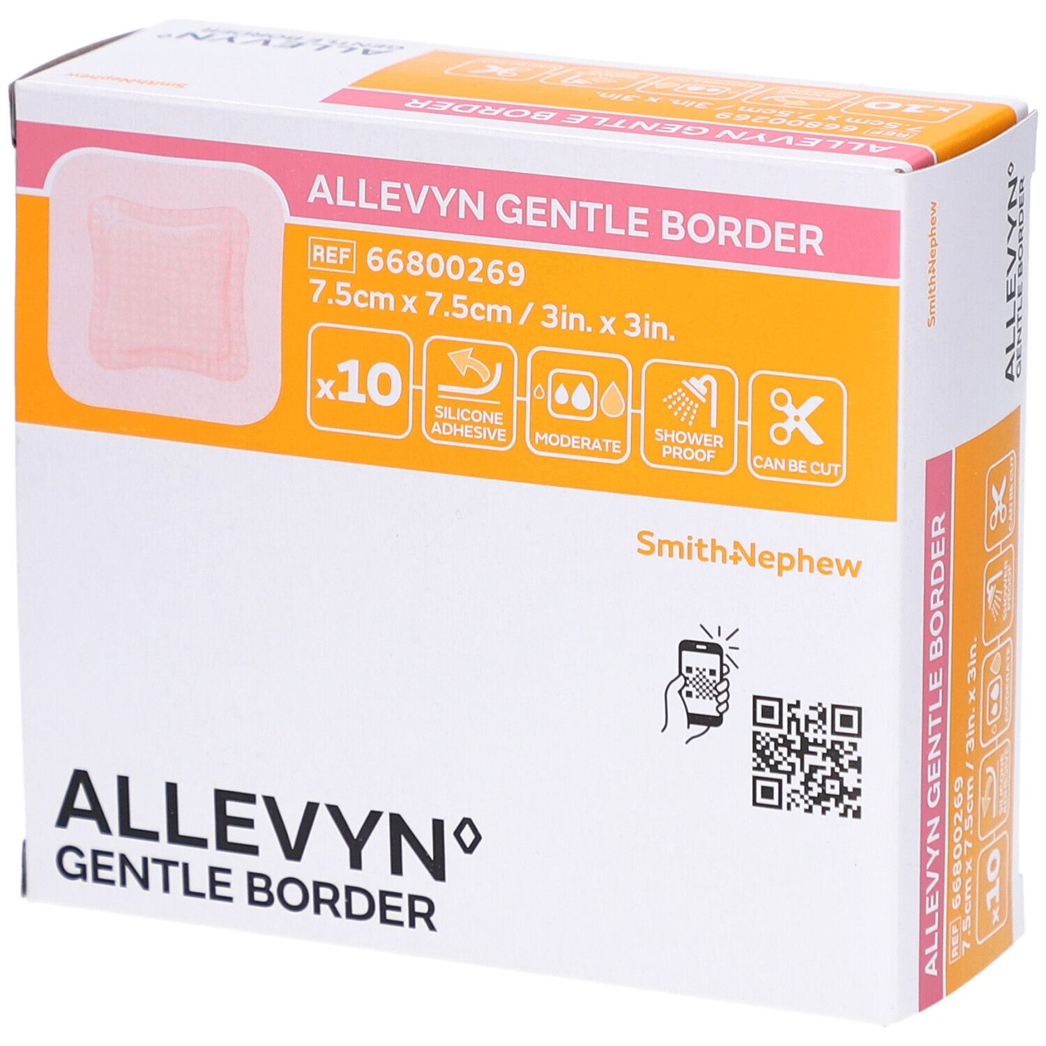 Boîte d'Allevyn Gentle Border. Pansement carré 7,5 cm x 7,5 cm, 10 pièces. Informations et symboles visibles.