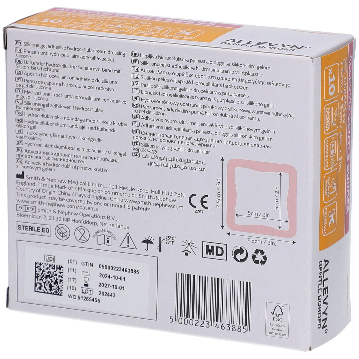 Dos de la boîte Allevyn Gentle Border. Informations produit, dimensions, symboles. Code QR visible.