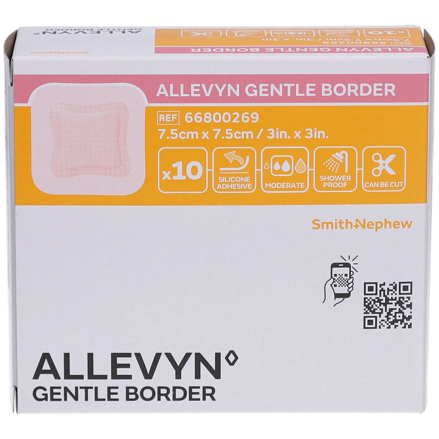 Boîte d'Allevyn Gentle Border. Pansement carré 7,5 cm x 7,5 cm, 10 pièces. Informations et symboles visibles.