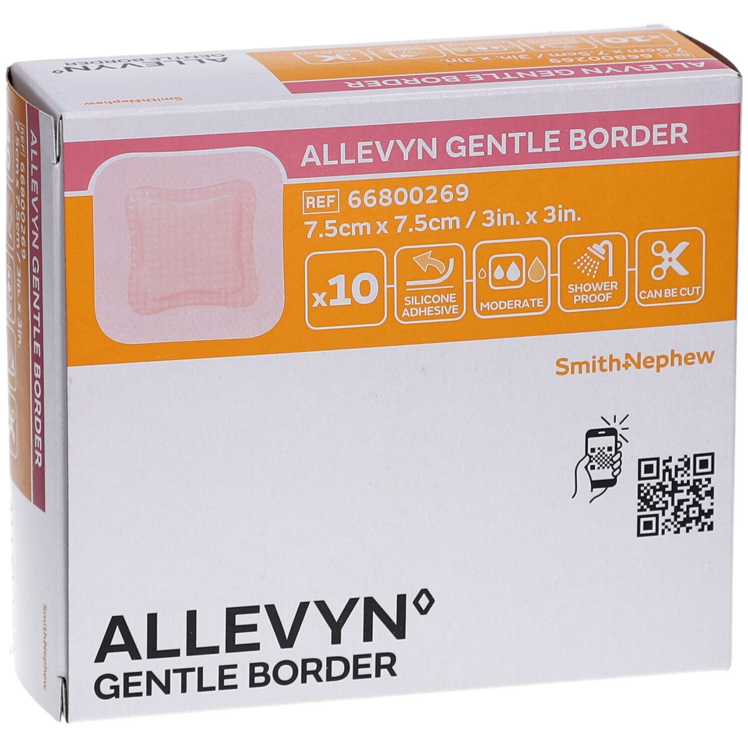 Boîte d'Allevyn Gentle Border. Pansement carré 7,5 cm x 7,5 cm, 10 pièces. Informations et symboles visibles.