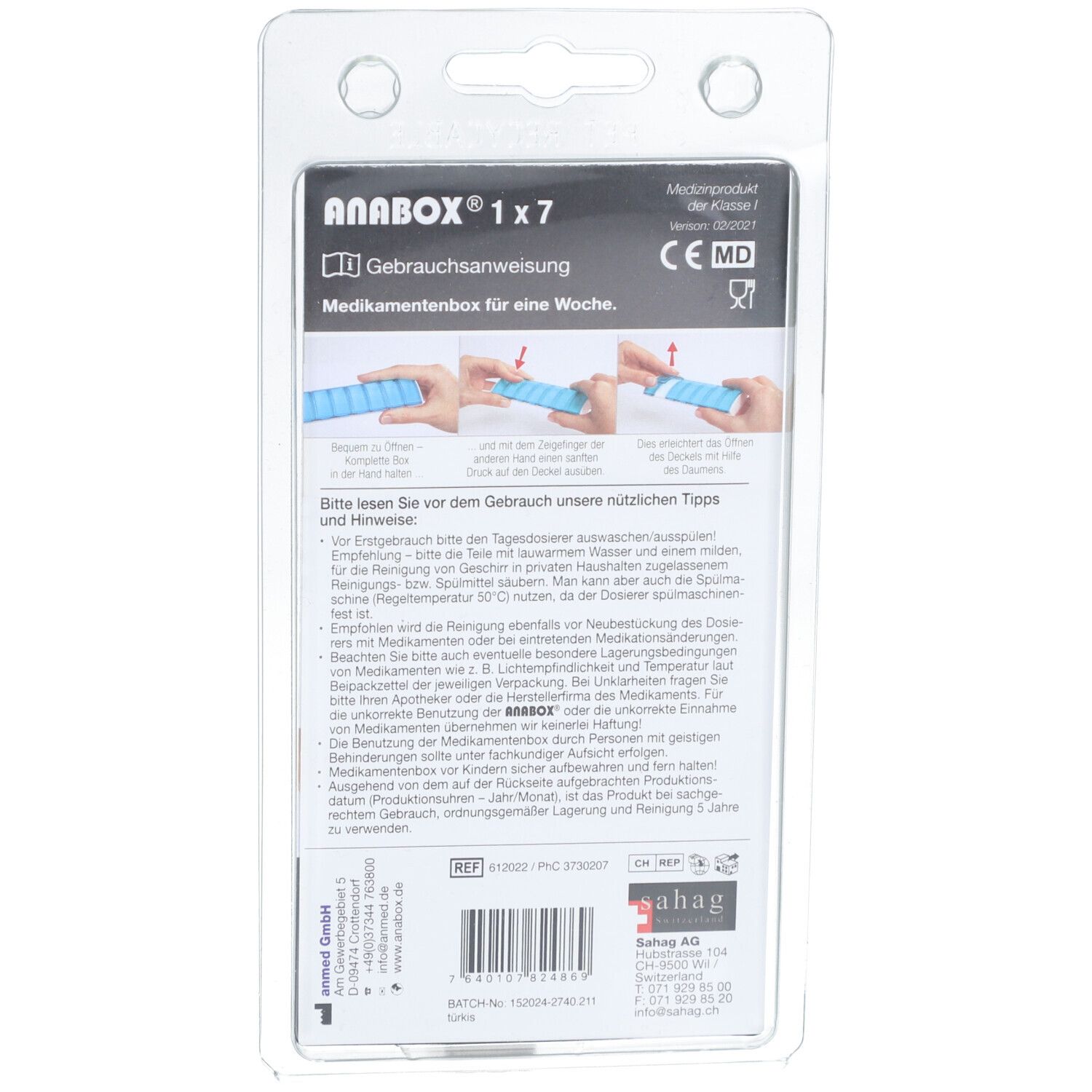ANABOX Distributeur de médicaments 1x7 Turquoise
