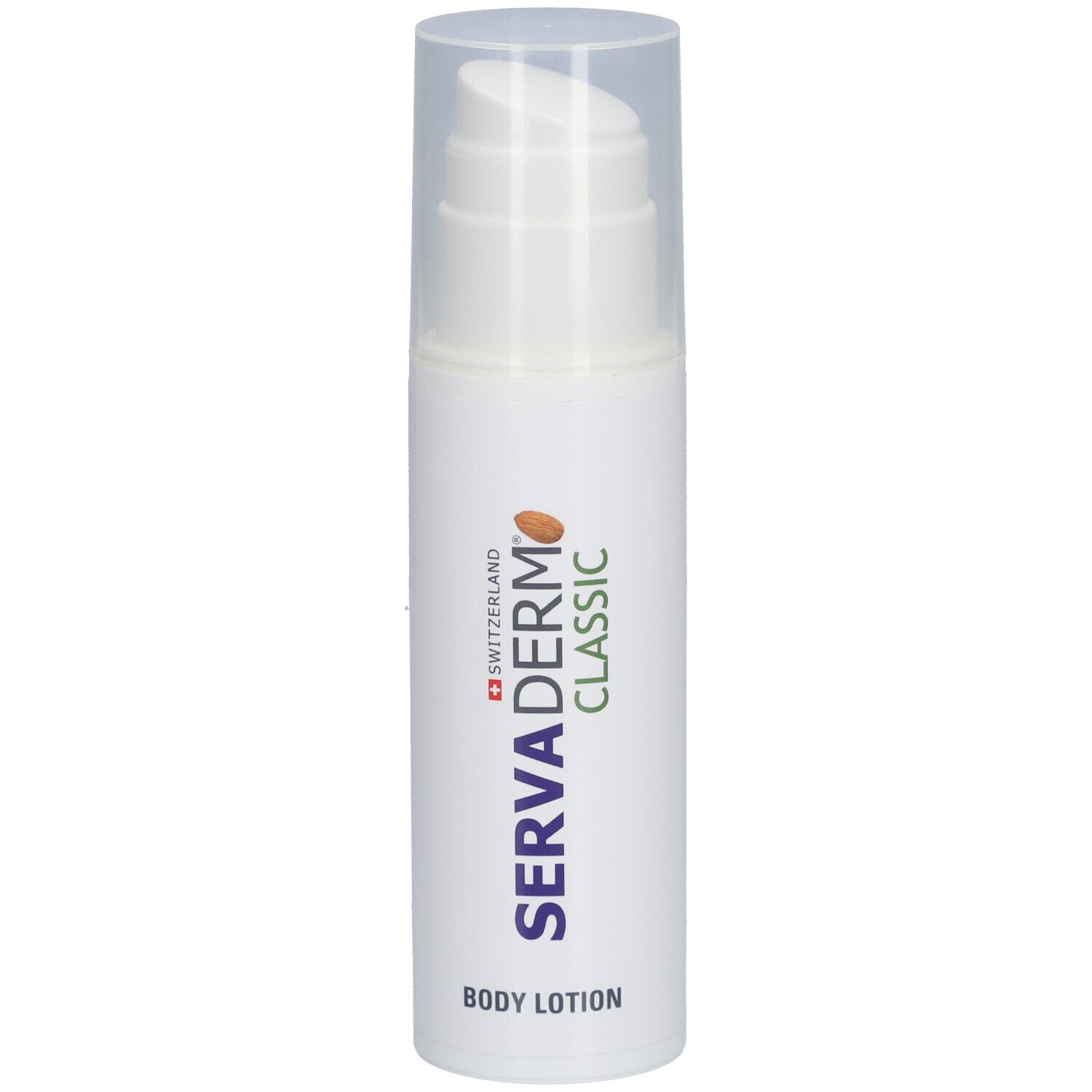 Flacon blanc avec pompe. Inscription: Servaderm Classic Body Lotion. Croix suisse.