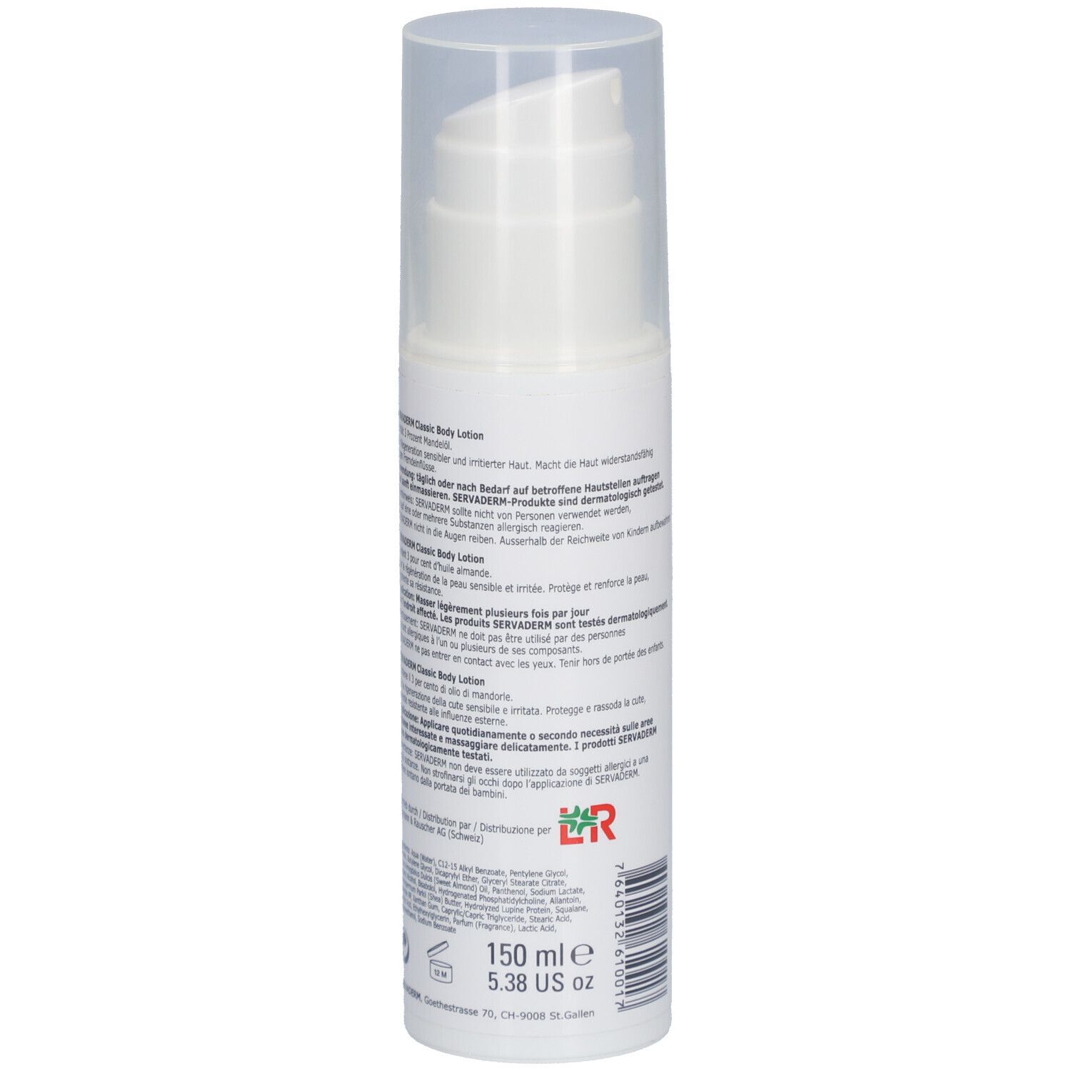 Flacon blanc avec pompe. Dos avec texte et code-barres. 150 ml.