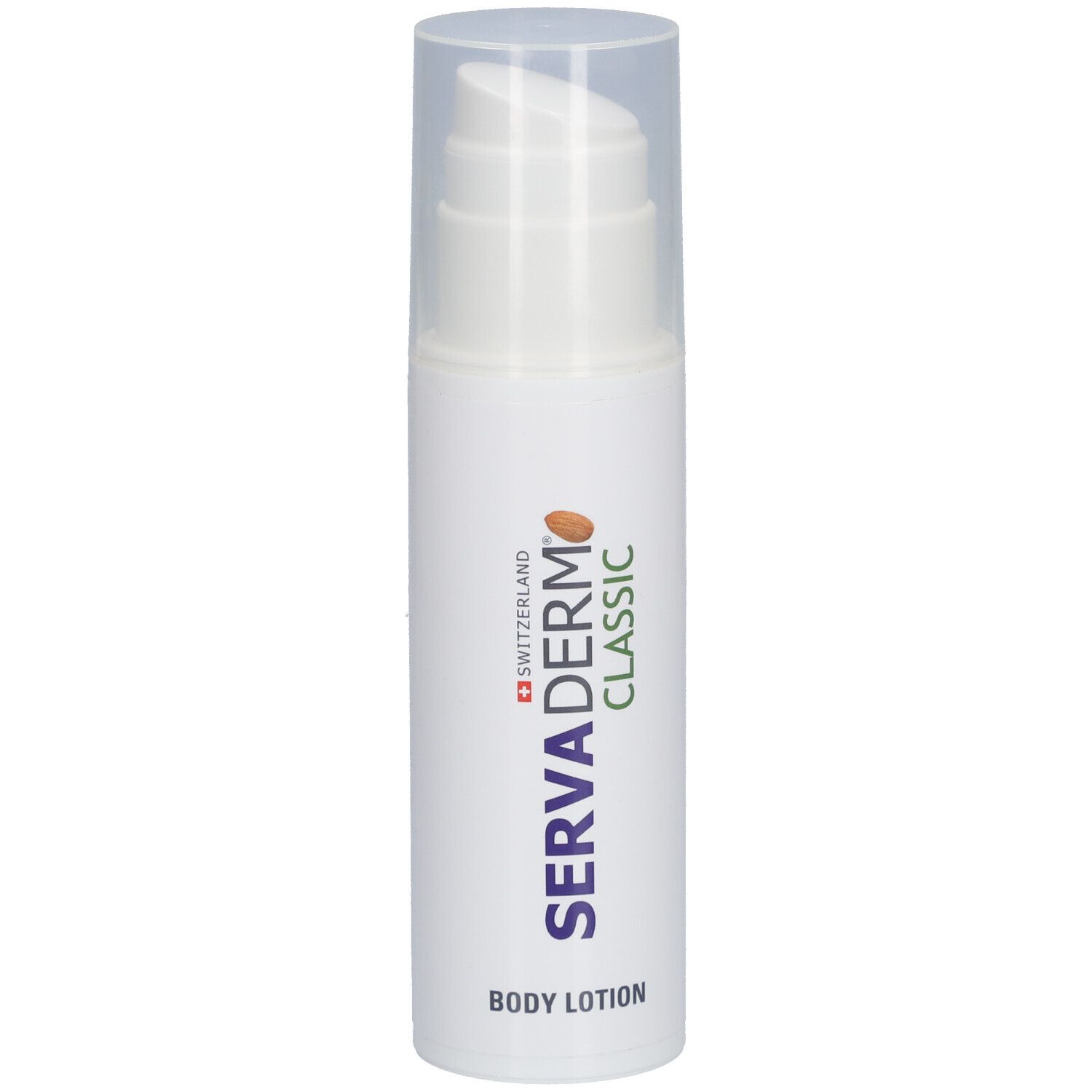Flacon blanc avec pompe. Inscription: Servaderm Classic Body Lotion. Croix suisse.