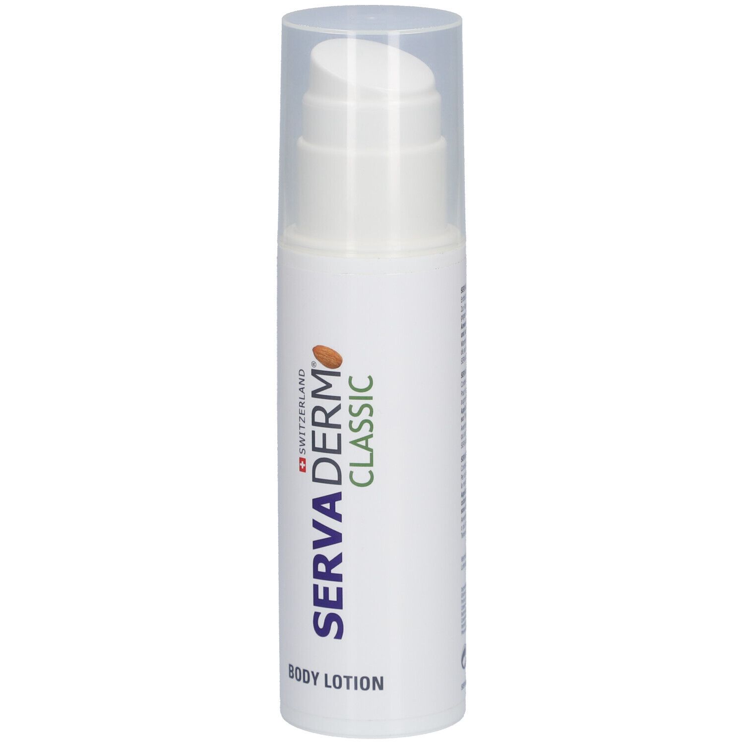 Flacon blanc avec pompe. Inscription: Servaderm Classic Body Lotion. Croix suisse.