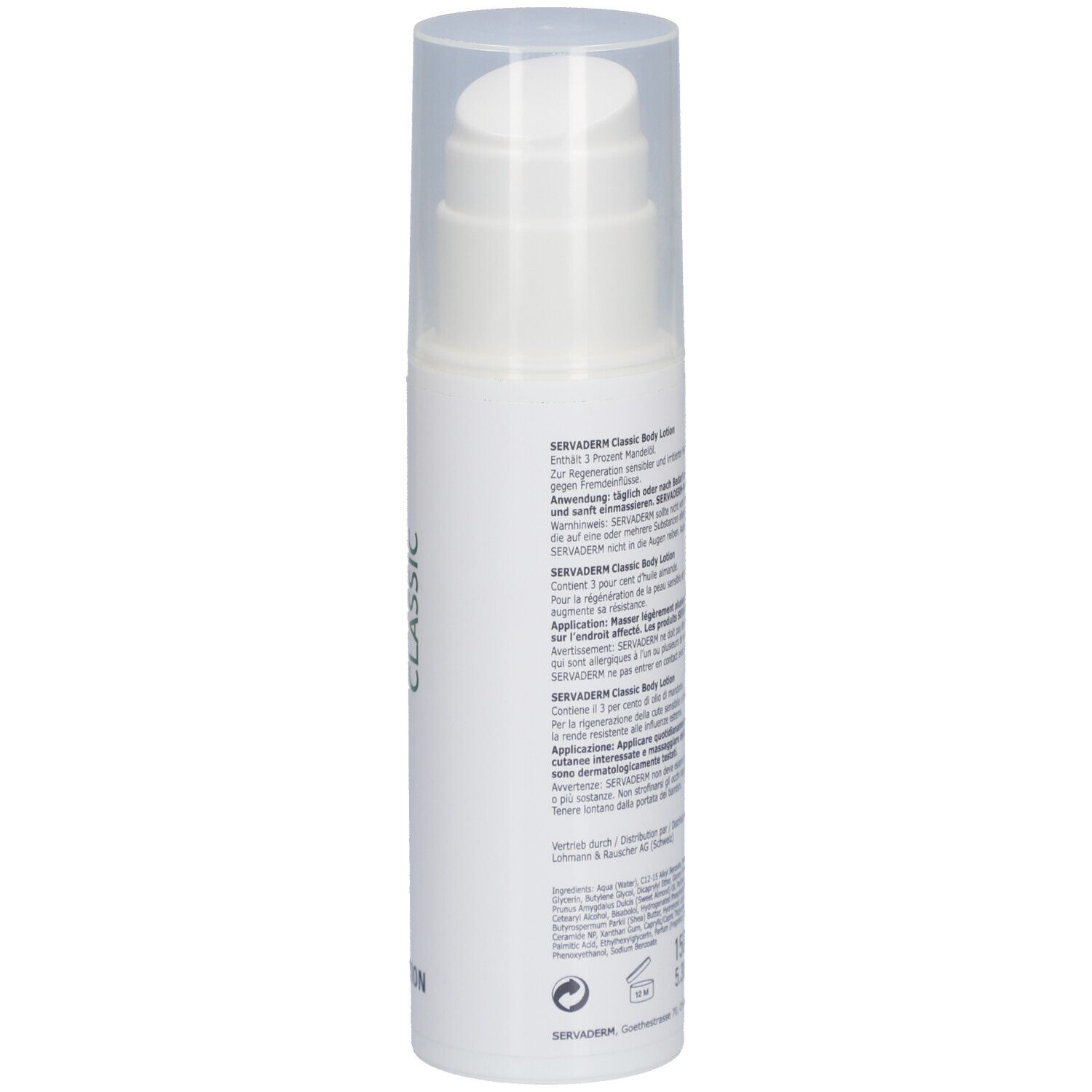 Flacon blanc avec pompe. Dos avec texte. Inscription: Servaderm Classic Body Lotion.