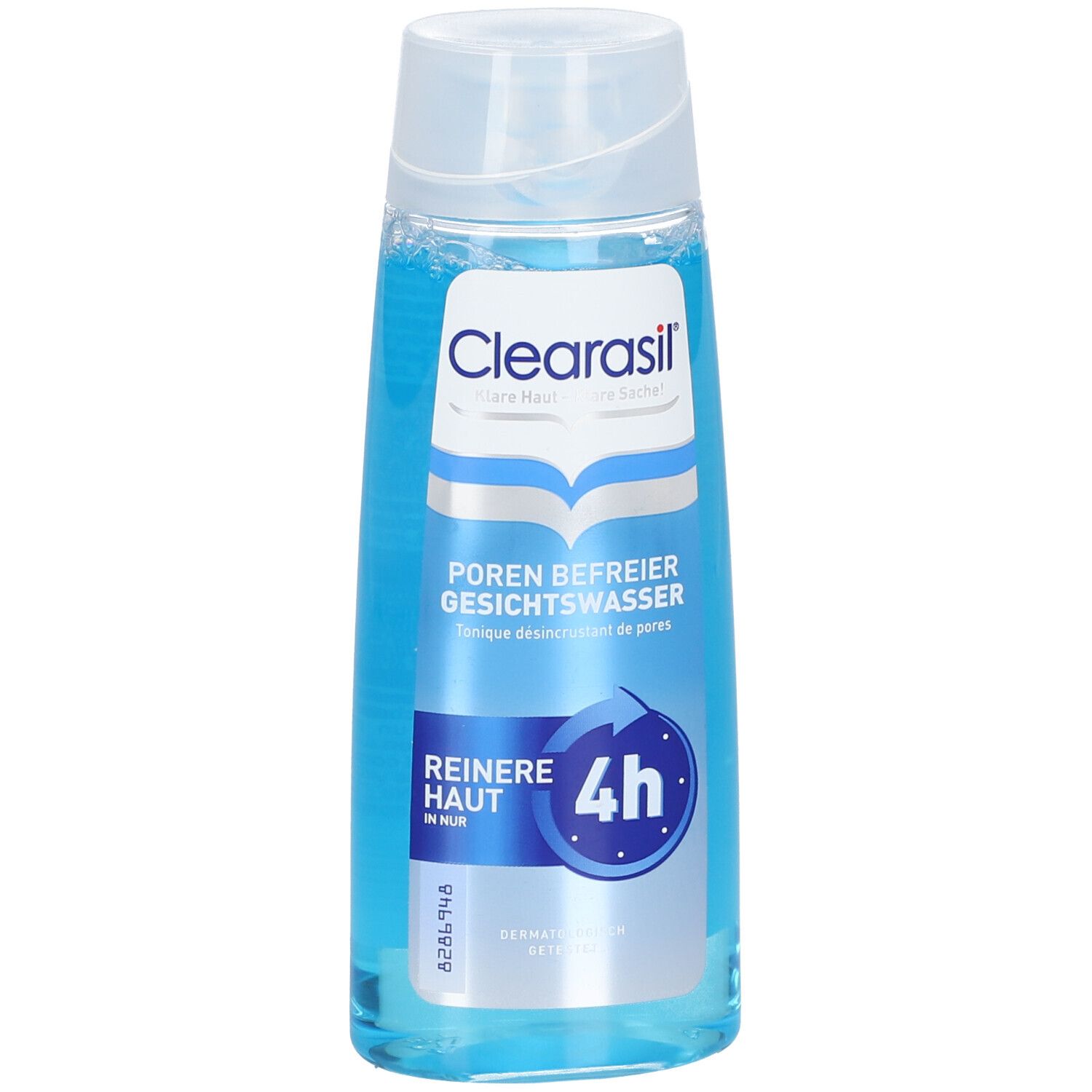 Flacon transparent contenant un tonique bleu. Inscription: Clearasil, Poren Befreier Gesichtswasser, Peau plus nette en 4h.