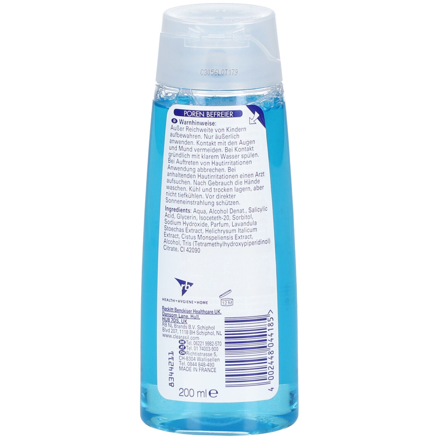 Dos du flacon avec ingrédients et avertissements. Inscription: 200 ml.