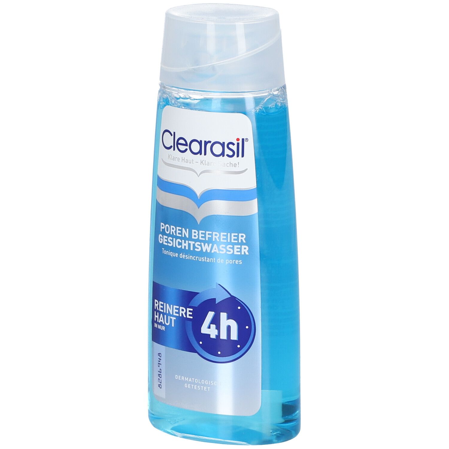Flacon transparent contenant un tonique bleu. Inscription: Clearasil, Poren Befreier Gesichtswasser, Peau plus nette en 4h.