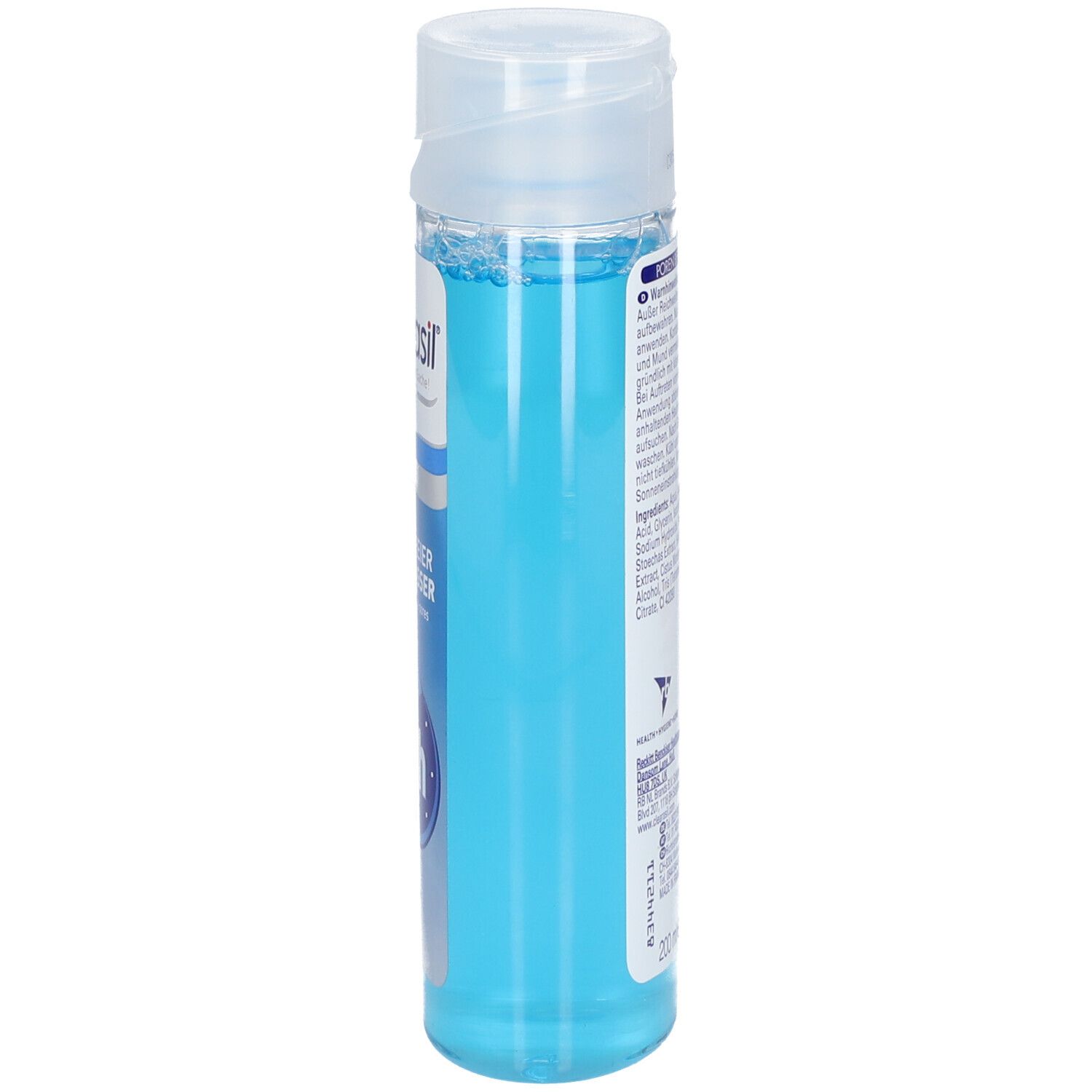 Flacon cylindrique avec tonique bleu. Inscription: Clearasil, Poren Befreier Gesichtswasser. Bouchon en haut.