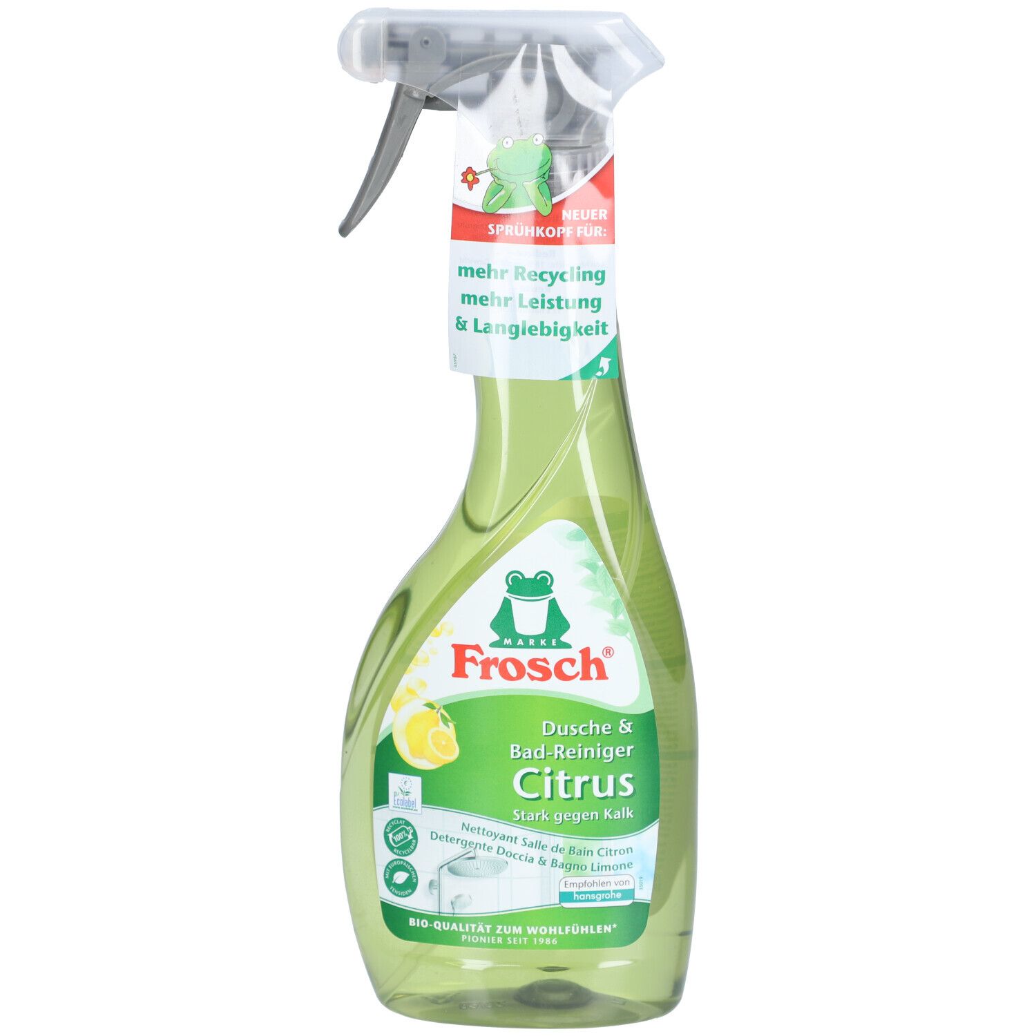 Flacon pulvérisateur vert avec logo Frosch et citron. Texte : "Frosch Badreiniger Citrus".