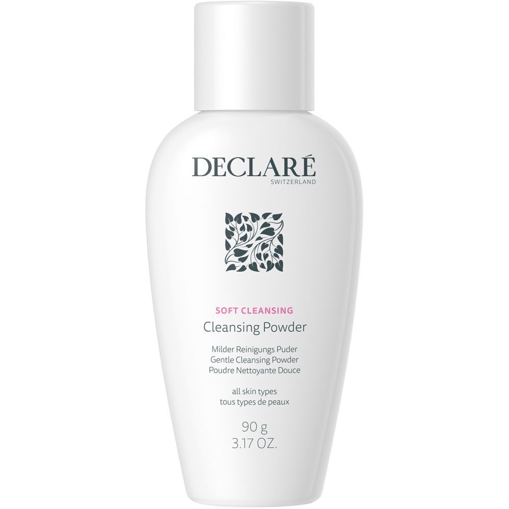 Flacon blanc DECLARÉ Soft Cleansing Poudre. Logo, nom du produit, informations et motif floral. Bouchon blanc.