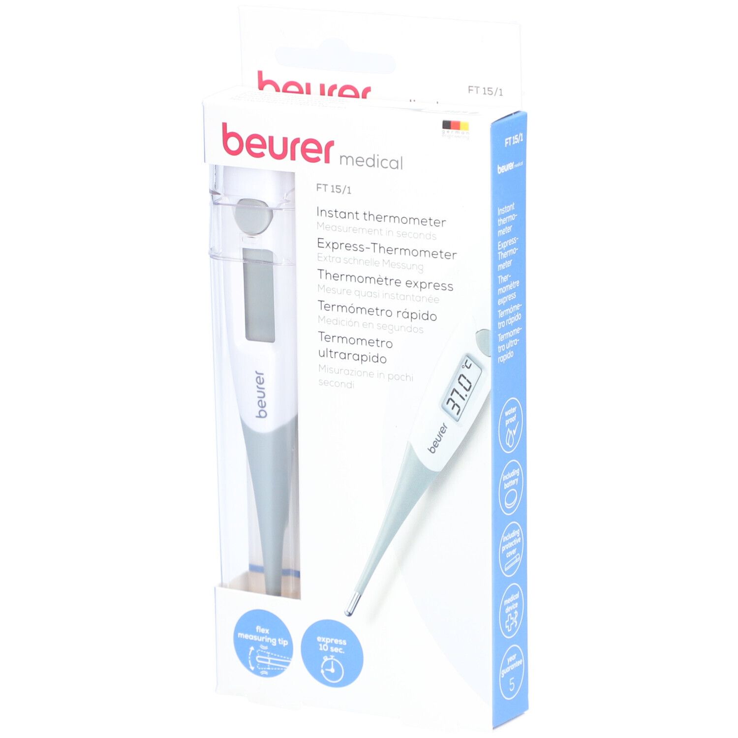 Emballage du thermomètre numérique. Logo Beurer et désignation du produit FT 15/1.